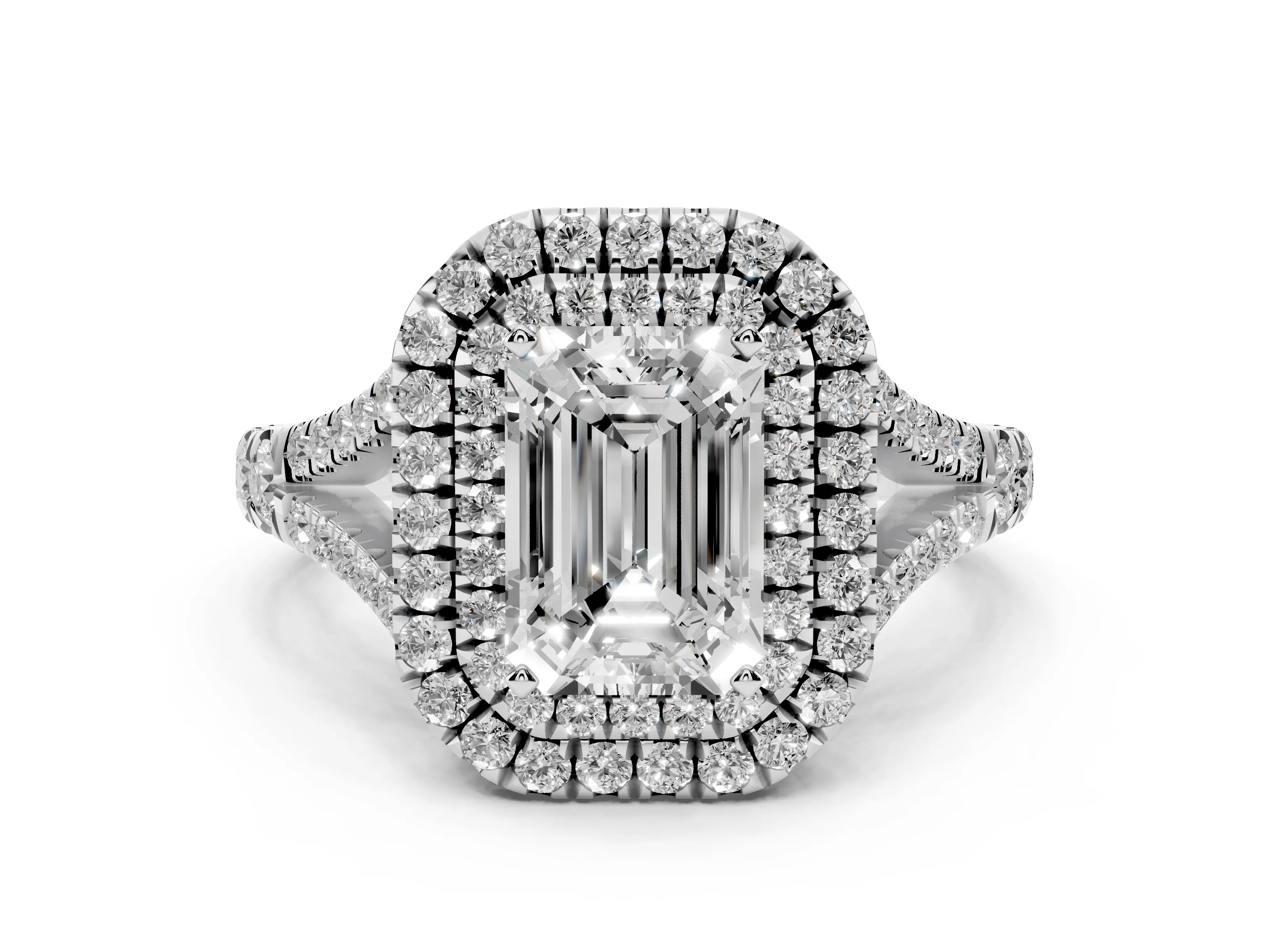 Emerald Cut Diamond Pavé Split Shank Double Halo Engagement Ring Set in Platinum