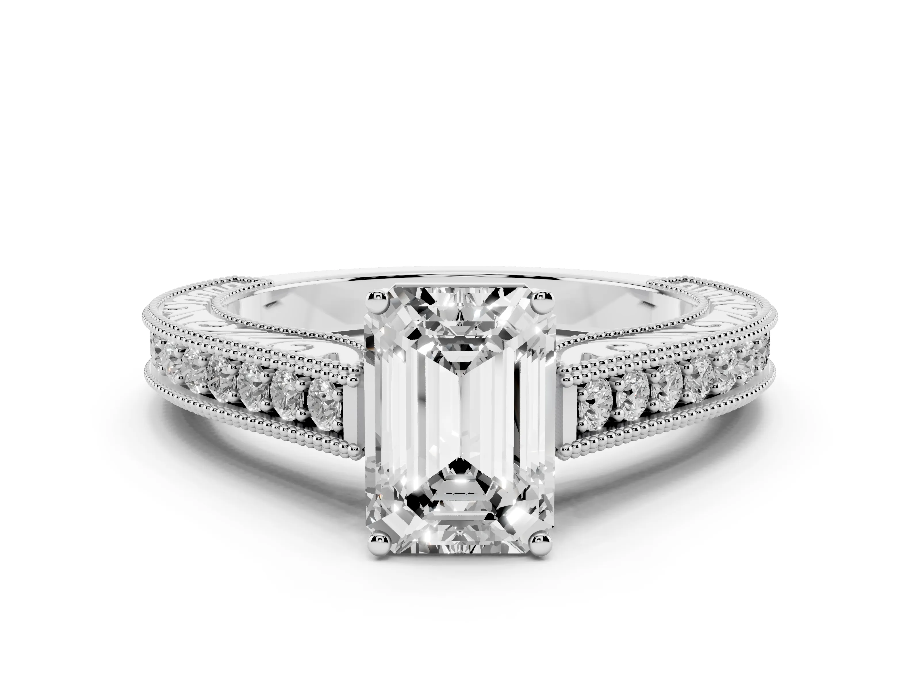 Emerald Cut Diamond Milgrain Pavé Band Solitaire Ring Set in White gold with Prong Setting