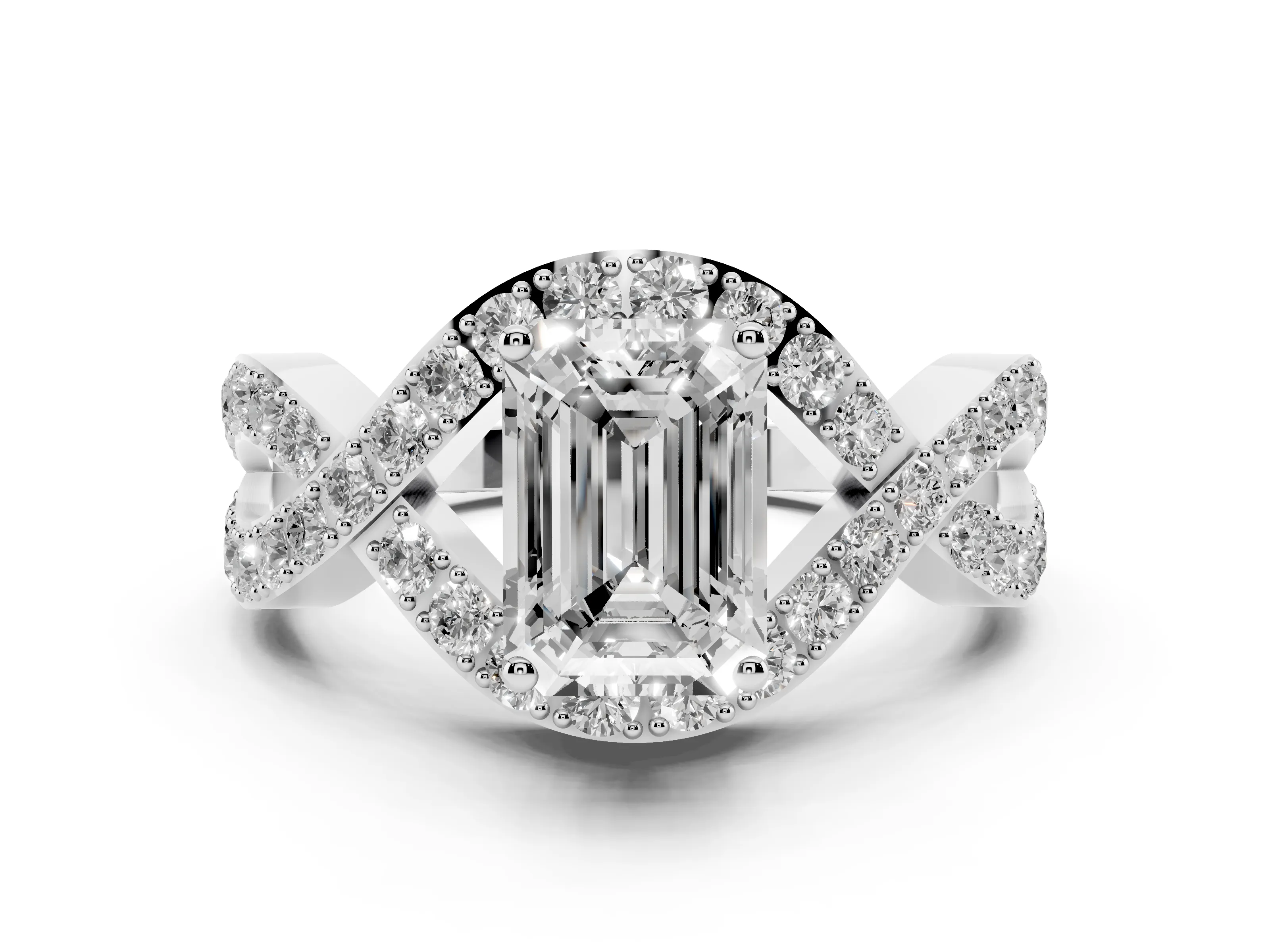Emerald Cut Diamond Solitaire Twist Band Pavé Engagement Ring Set in Platinum