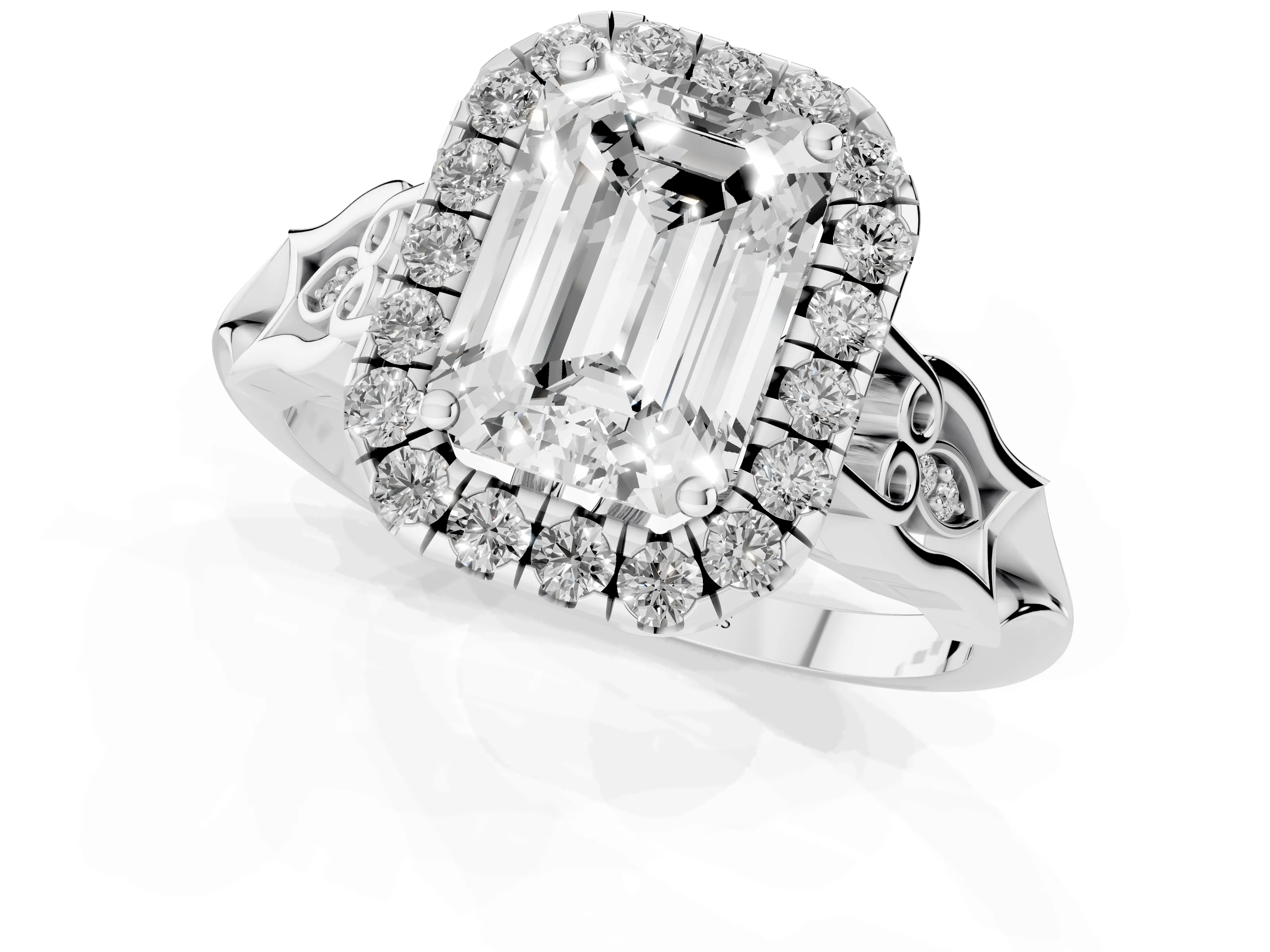 Emerald Cut Diamond Halo Engagement Ring Set in White gold with Filigree Band and Prong-Set Center – second view