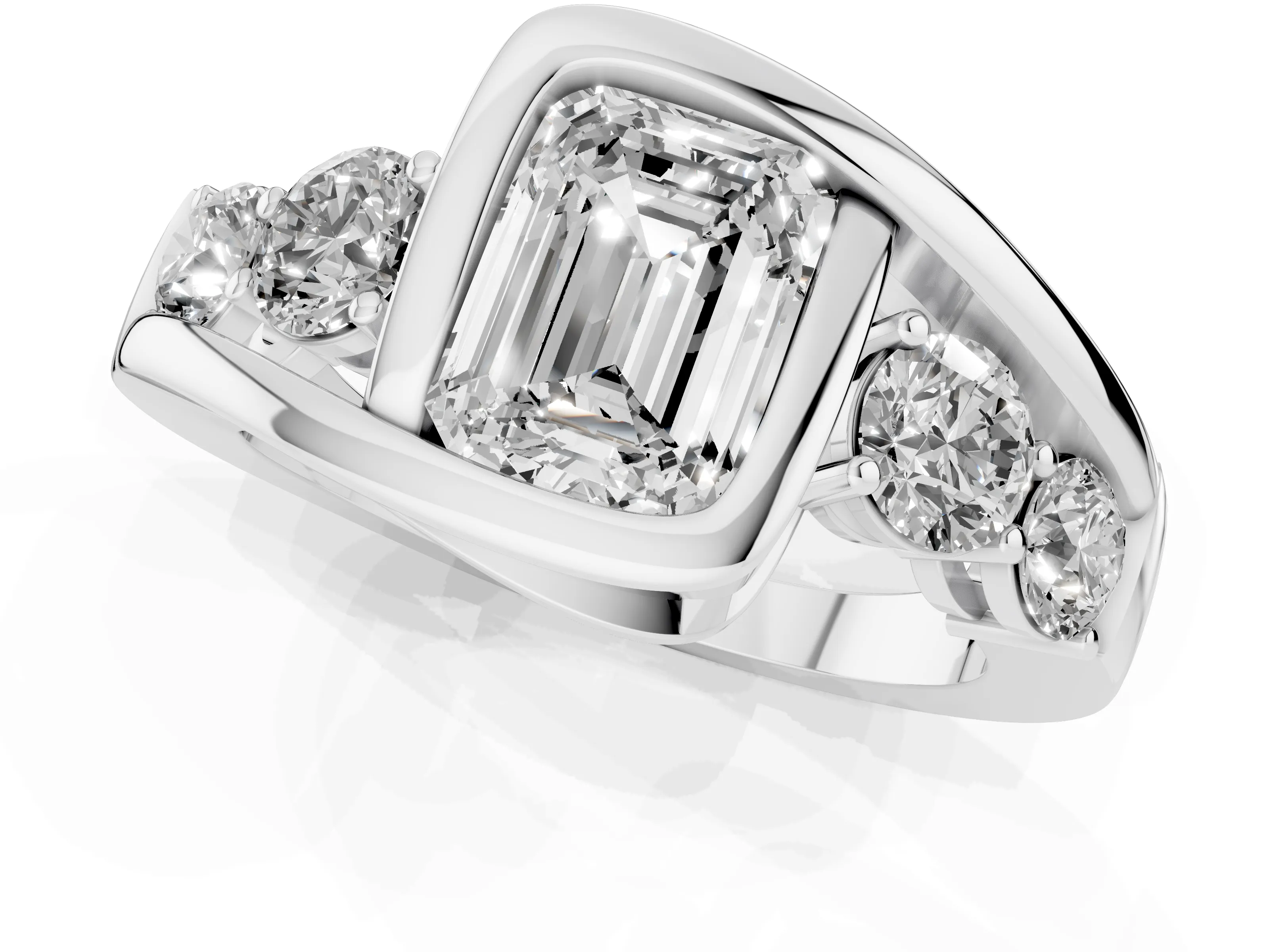 Emerald Cut Diamond Bezel Bypass Ring Set in Silver with Round Accents
