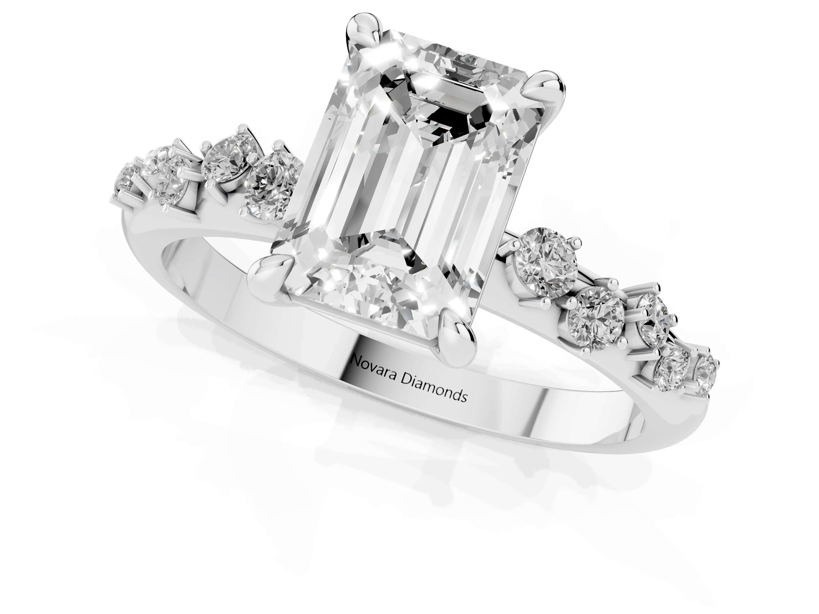 Emerald Cut Diamond Solitaire Vine Band Ring Set in White gold with Round Accents and Prong Setting