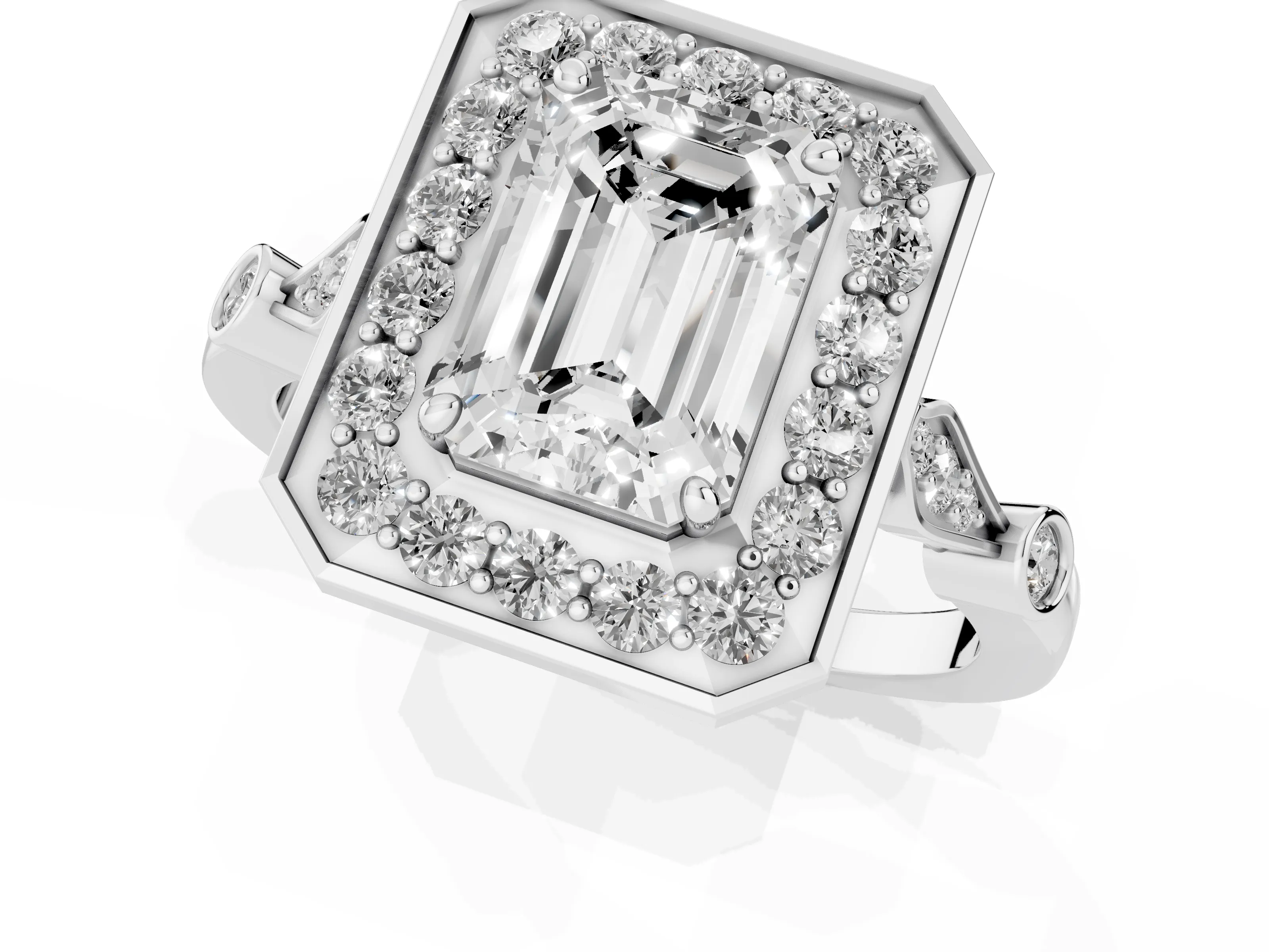 Emerald Cut Diamond Halo Engagement Ring Set in Platinum with Twisted Band and Prong Setting