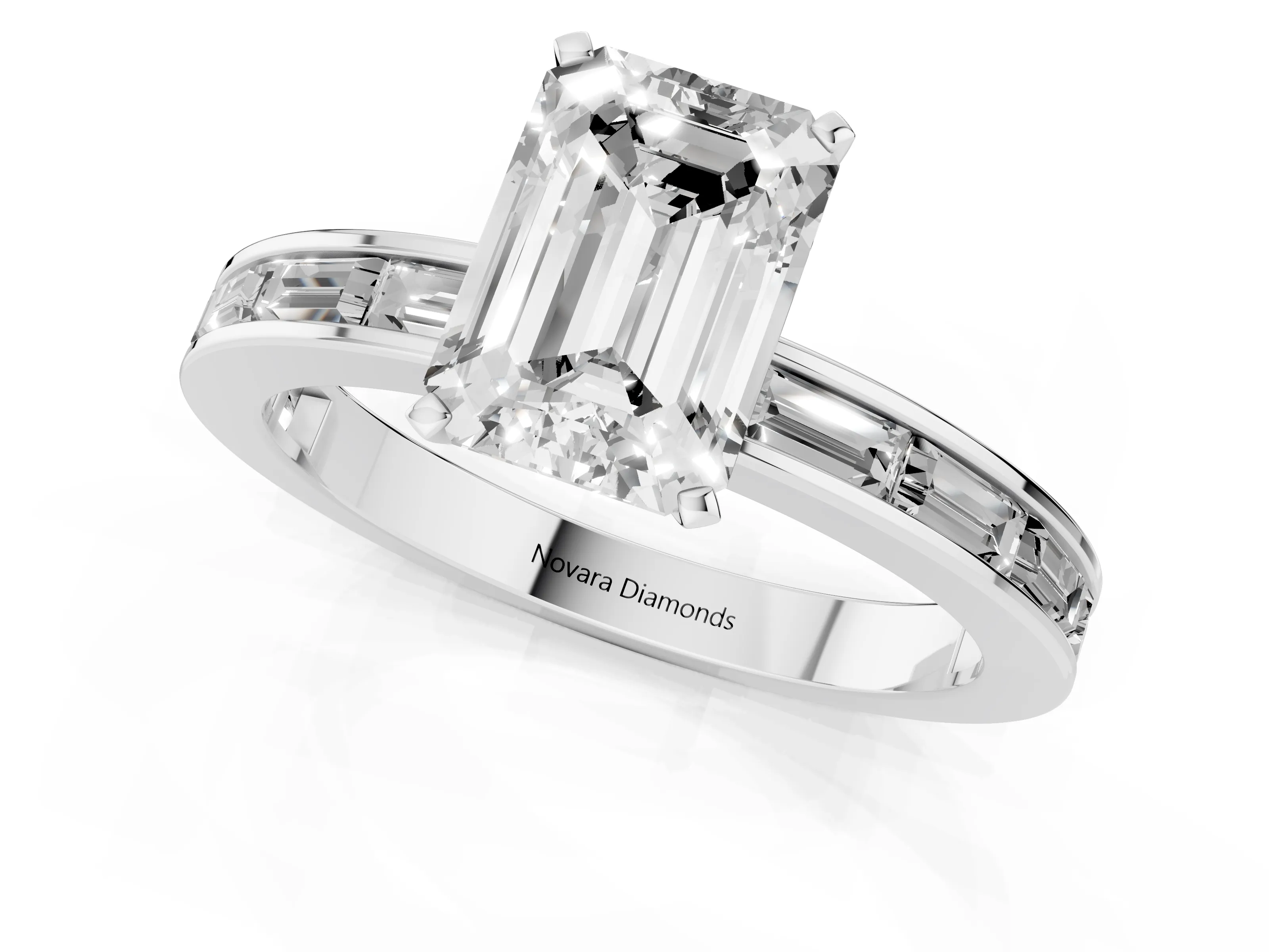 Emerald Cut Diamond Solitaire Ring Set in White gold with Channel-Set Baguette Band and Prong Setting – second view