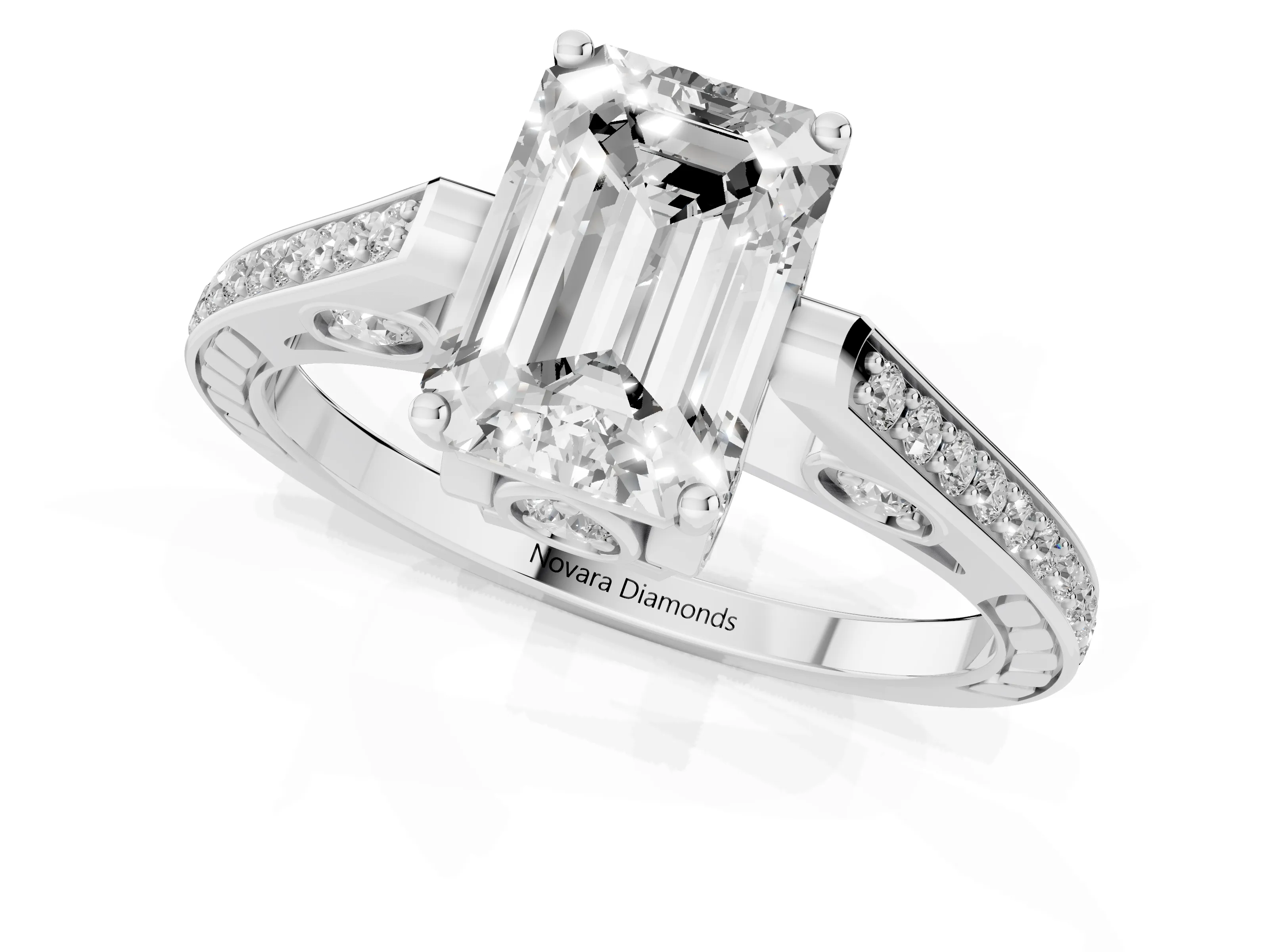 Emerald Cut Diamond Cathedral Pavé Engagement Ring Set in Platinum with Prong Setting