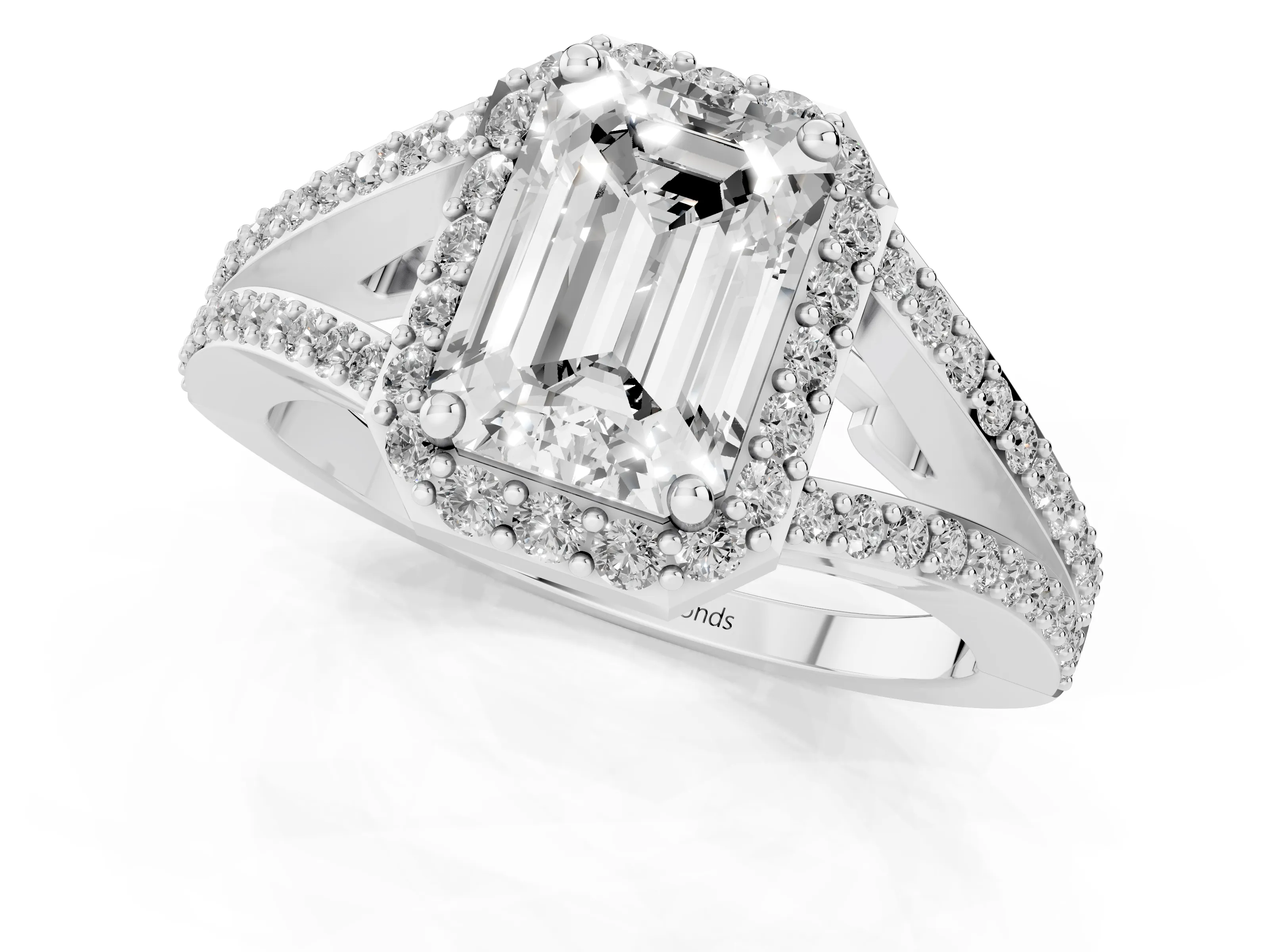 Emerald Cut Diamond Halo Split Shank Pavé Ring Set in Silver with Prong Setting