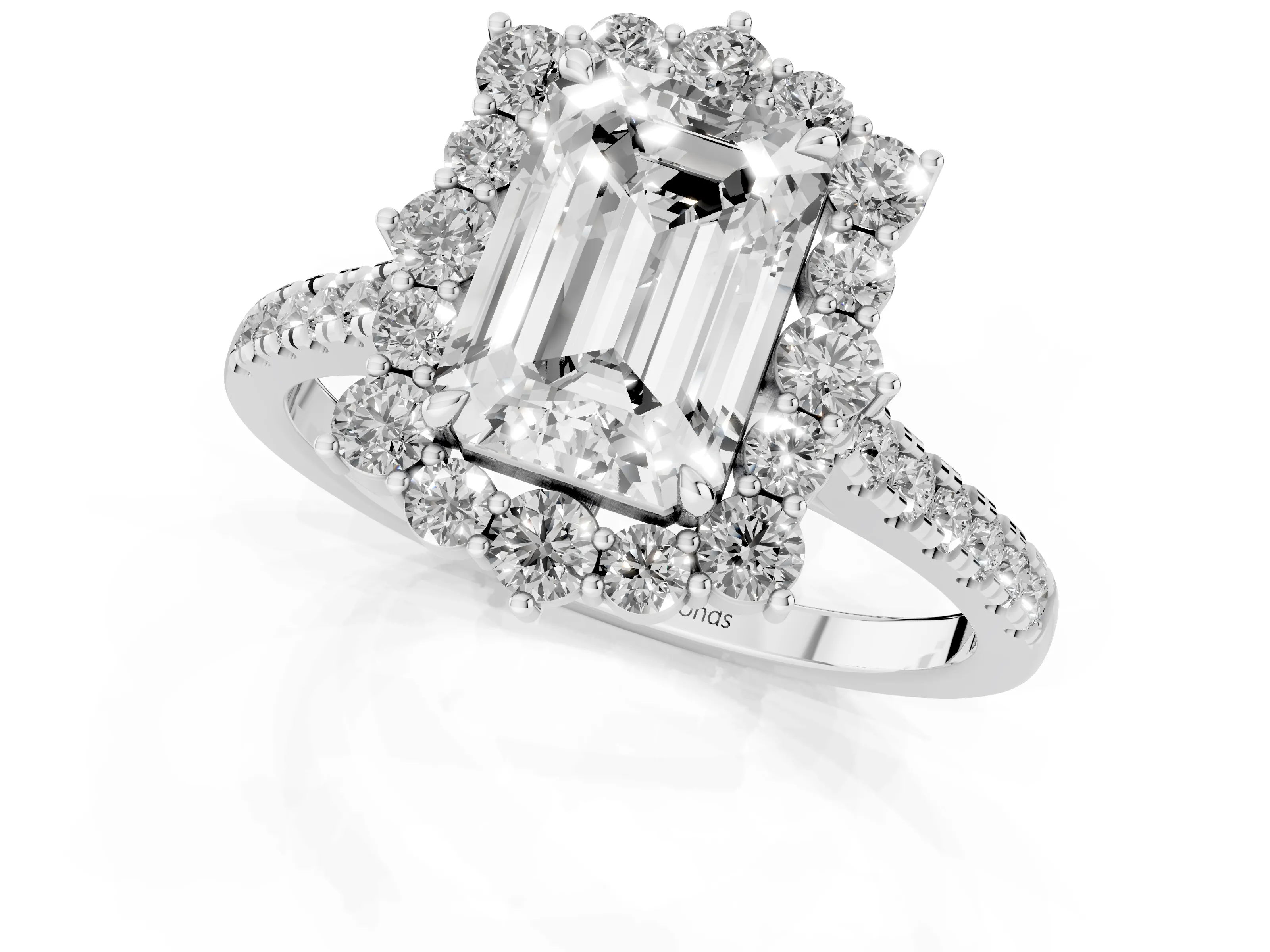 Emerald Cut Diamond Halo Ring Set in Silver with Pavé Band and Prong Setting