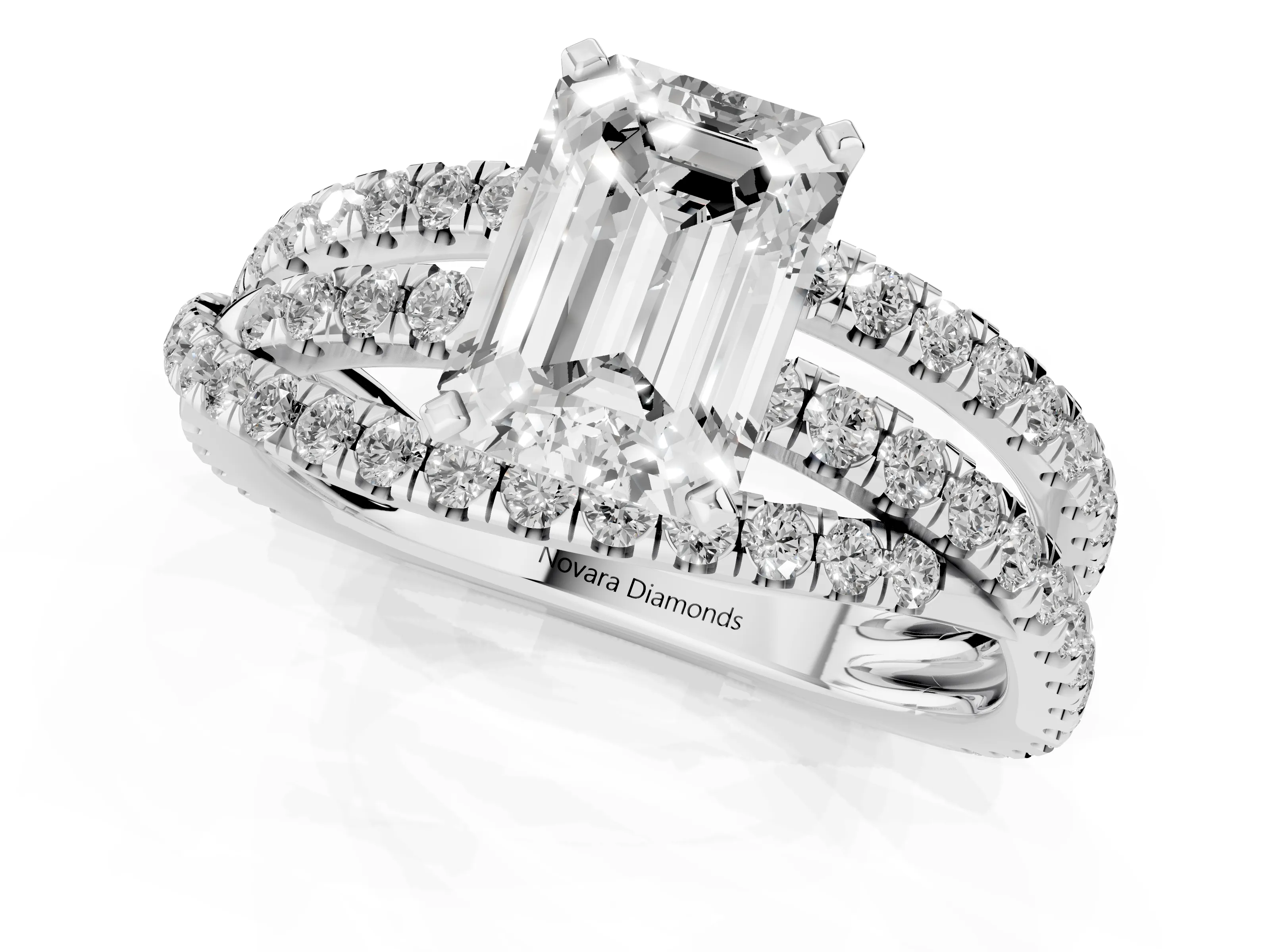Emerald Cut Diamond Solitaire Twist Band Ring Set in White gold with Pavé Setting and Prong Head