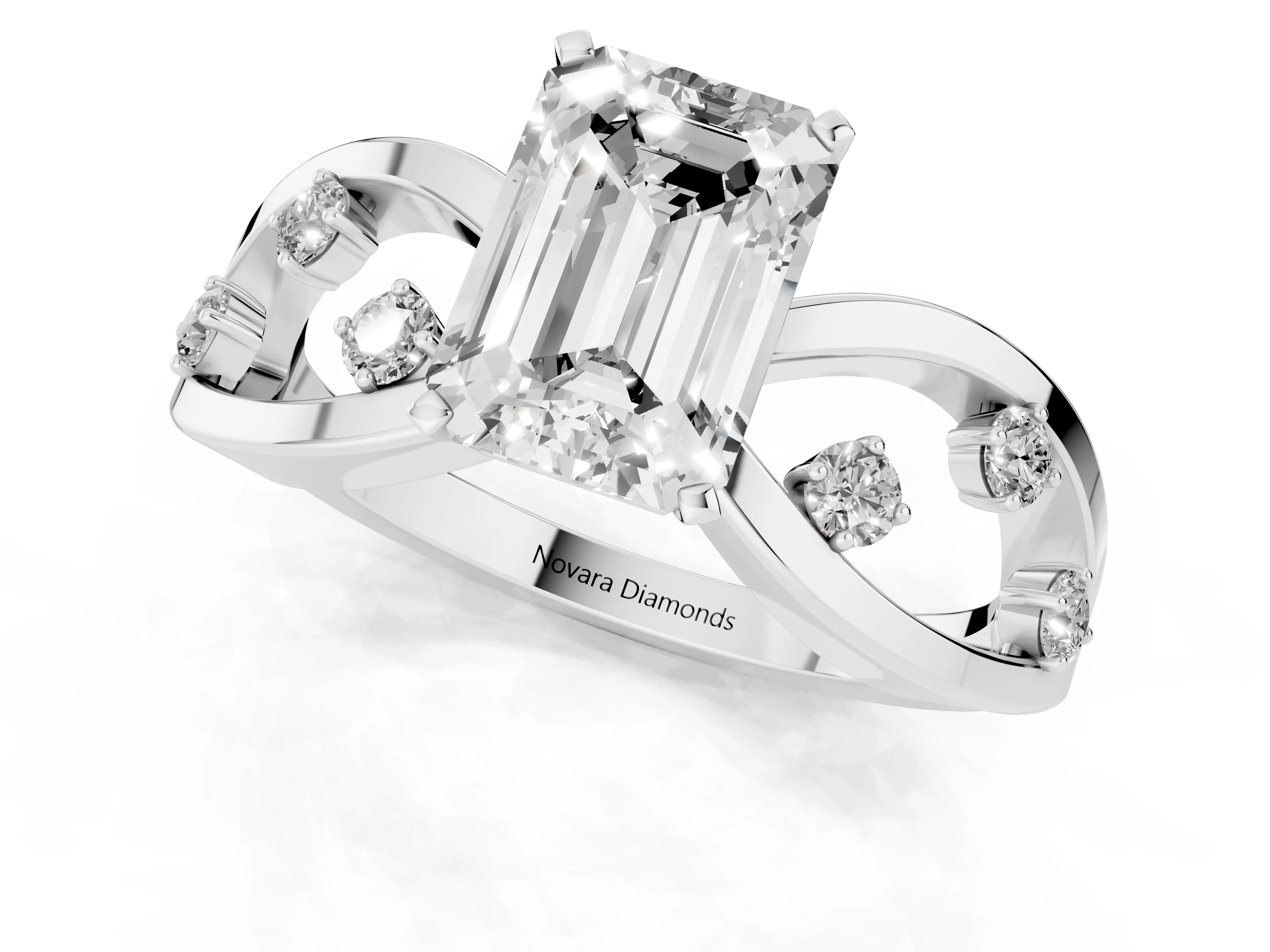 Emerald Cut Diamond Solitaire Ring Set in Platinum with Side Stones on Criss-Cross Band and Prong Setting