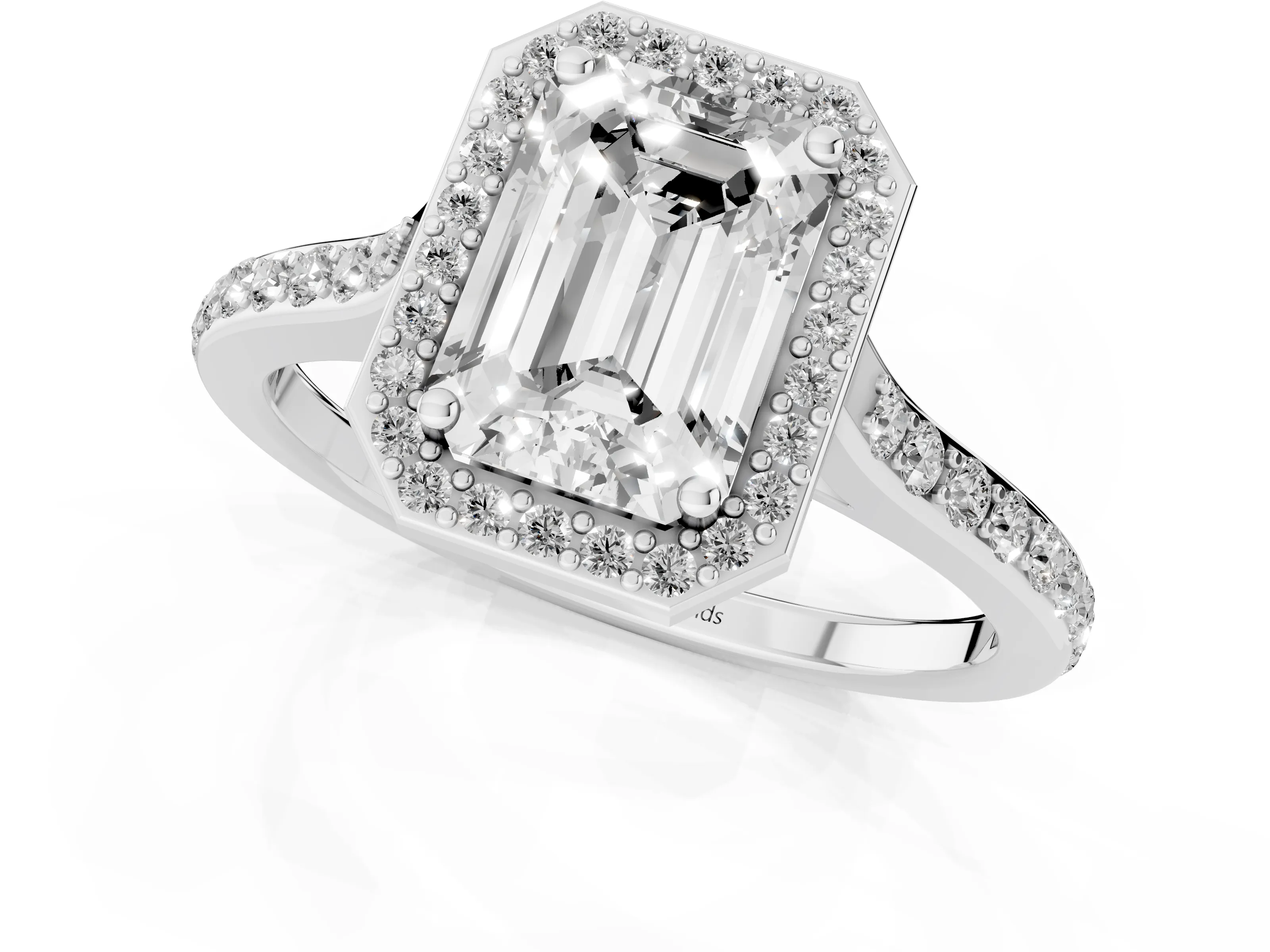 Emerald Cut Diamond Halo Engagement Ring Set in Platinum with Round Pavé Shoulders and Heart Gallery – second view