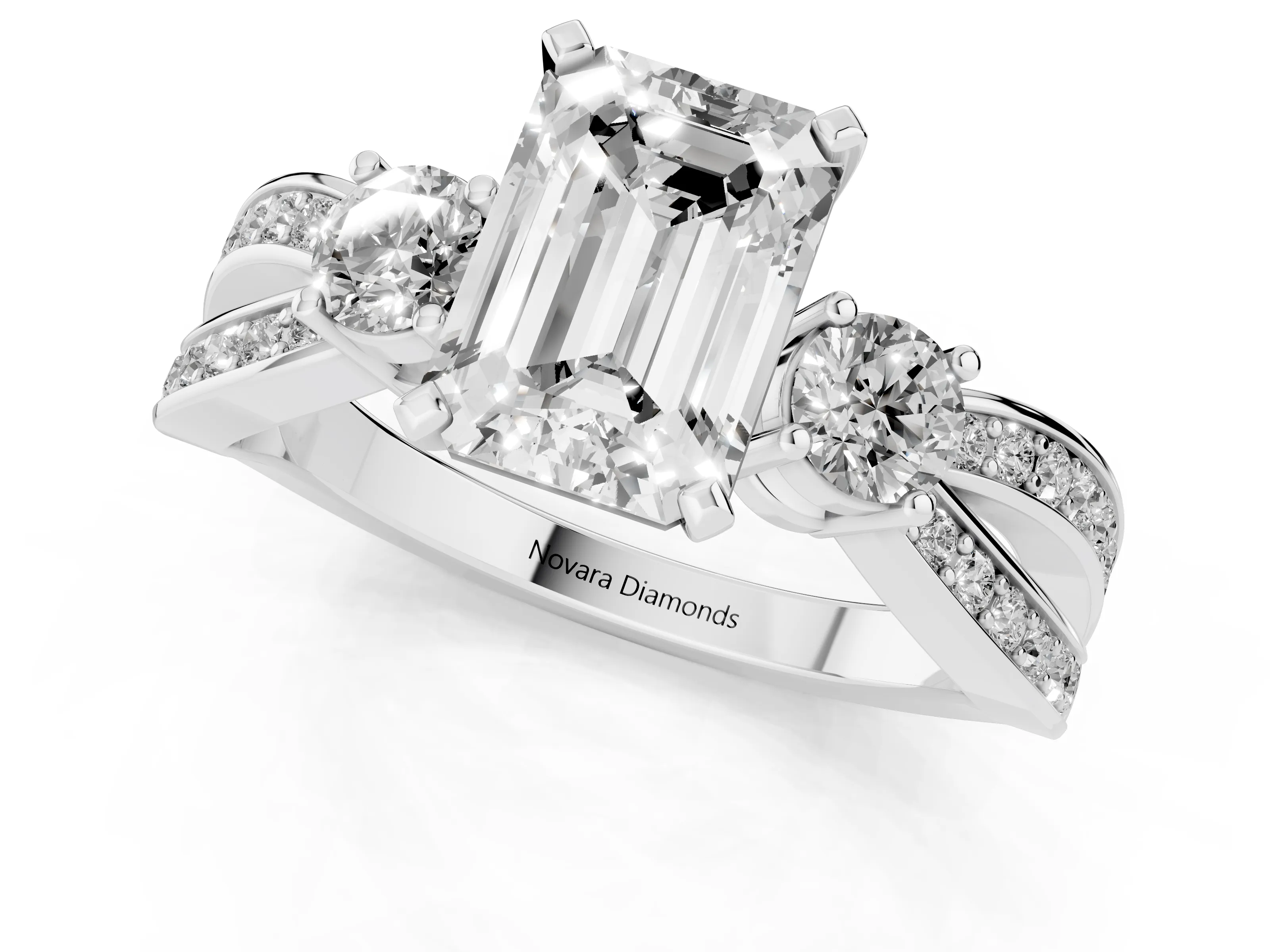 Three-Stone Emerald Cut Diamond Twist Band Ring Set in White gold with Pavé Accents and Prong Setting – second view