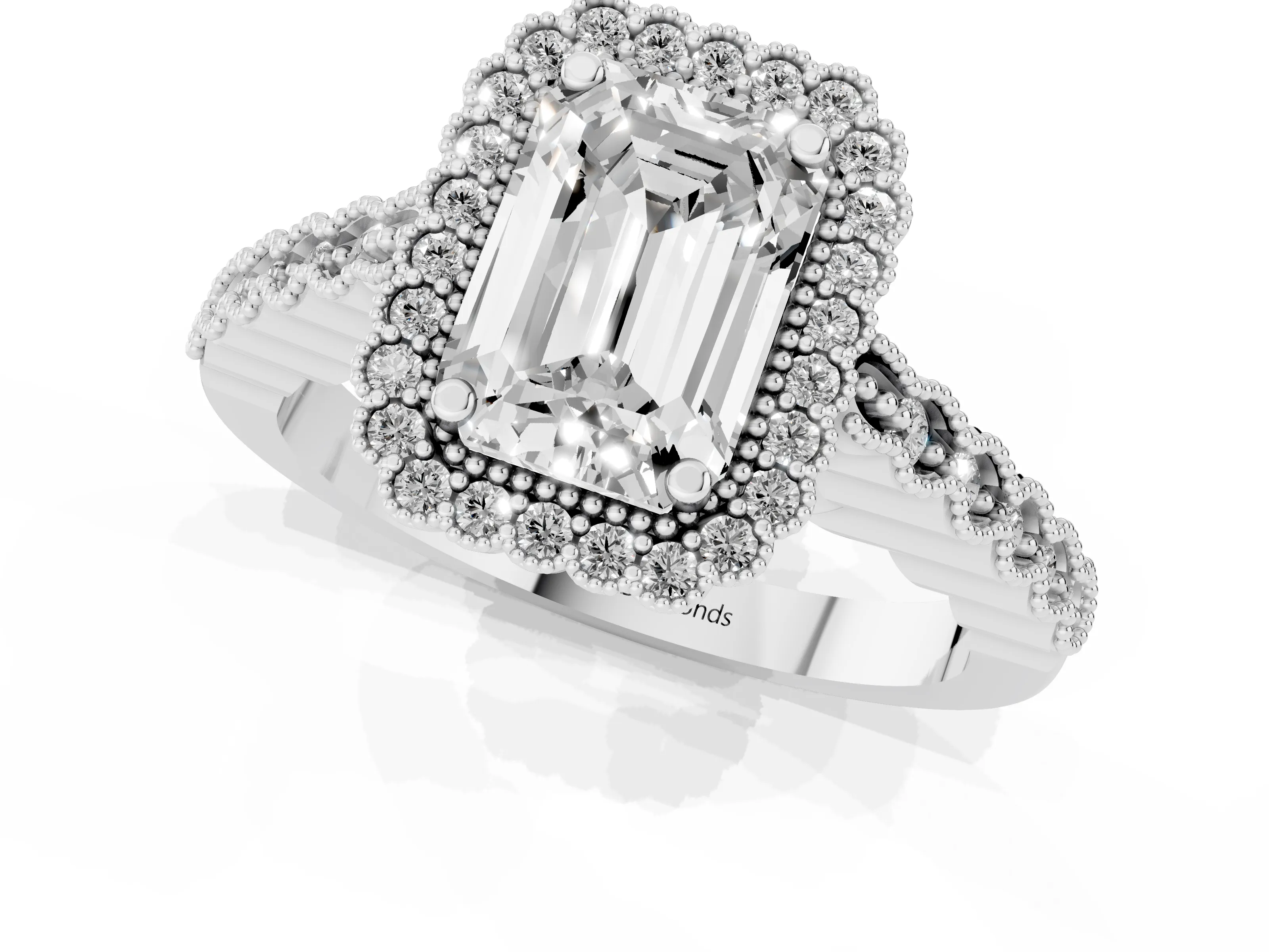 Emerald Cut Diamond Halo Ring Set in White gold with Pavé Milgrain Band