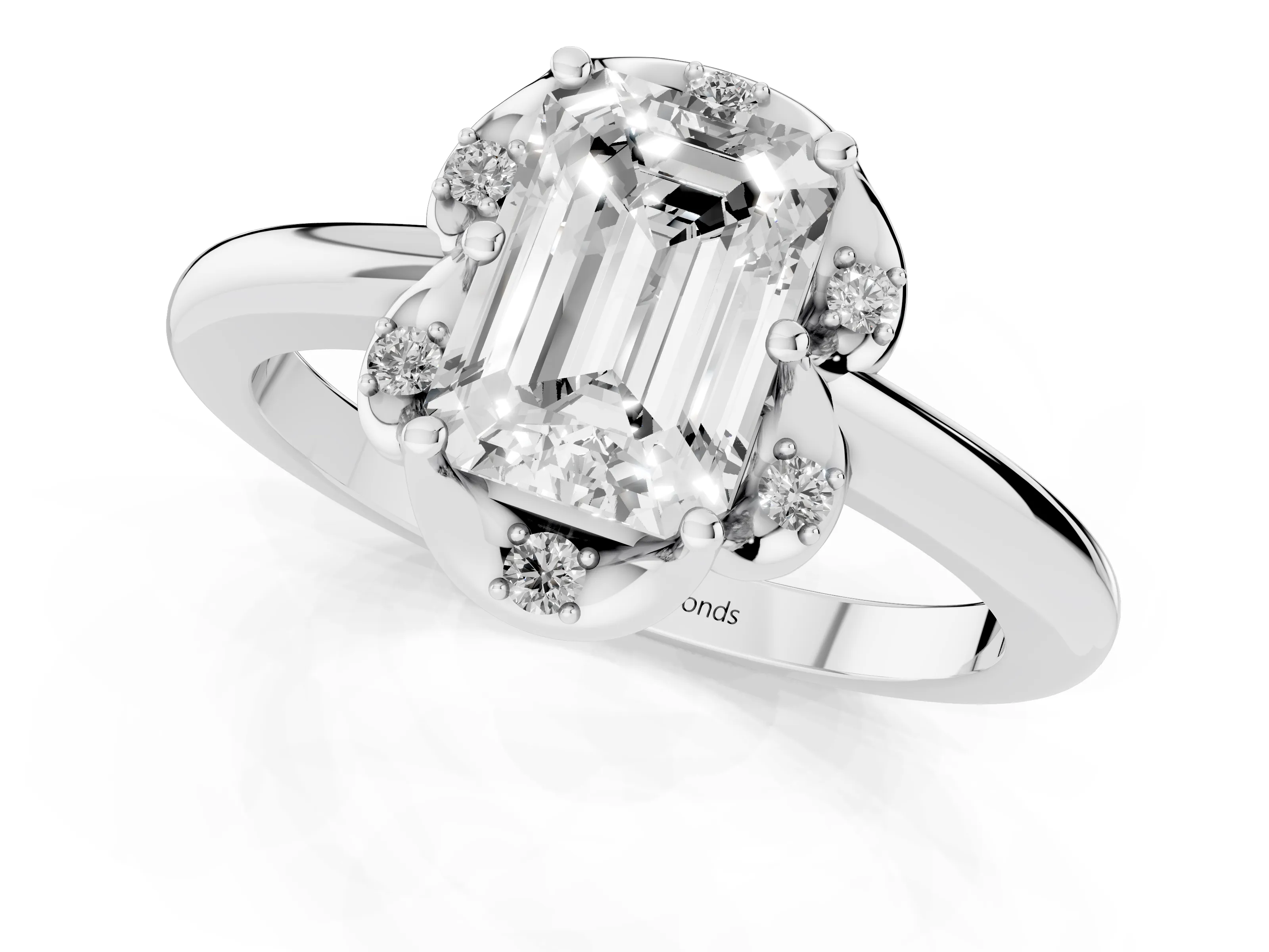Emerald Cut Diamond Round Cluster Halo Ring Set in Platinum with Solitaire Band and Prong Setting