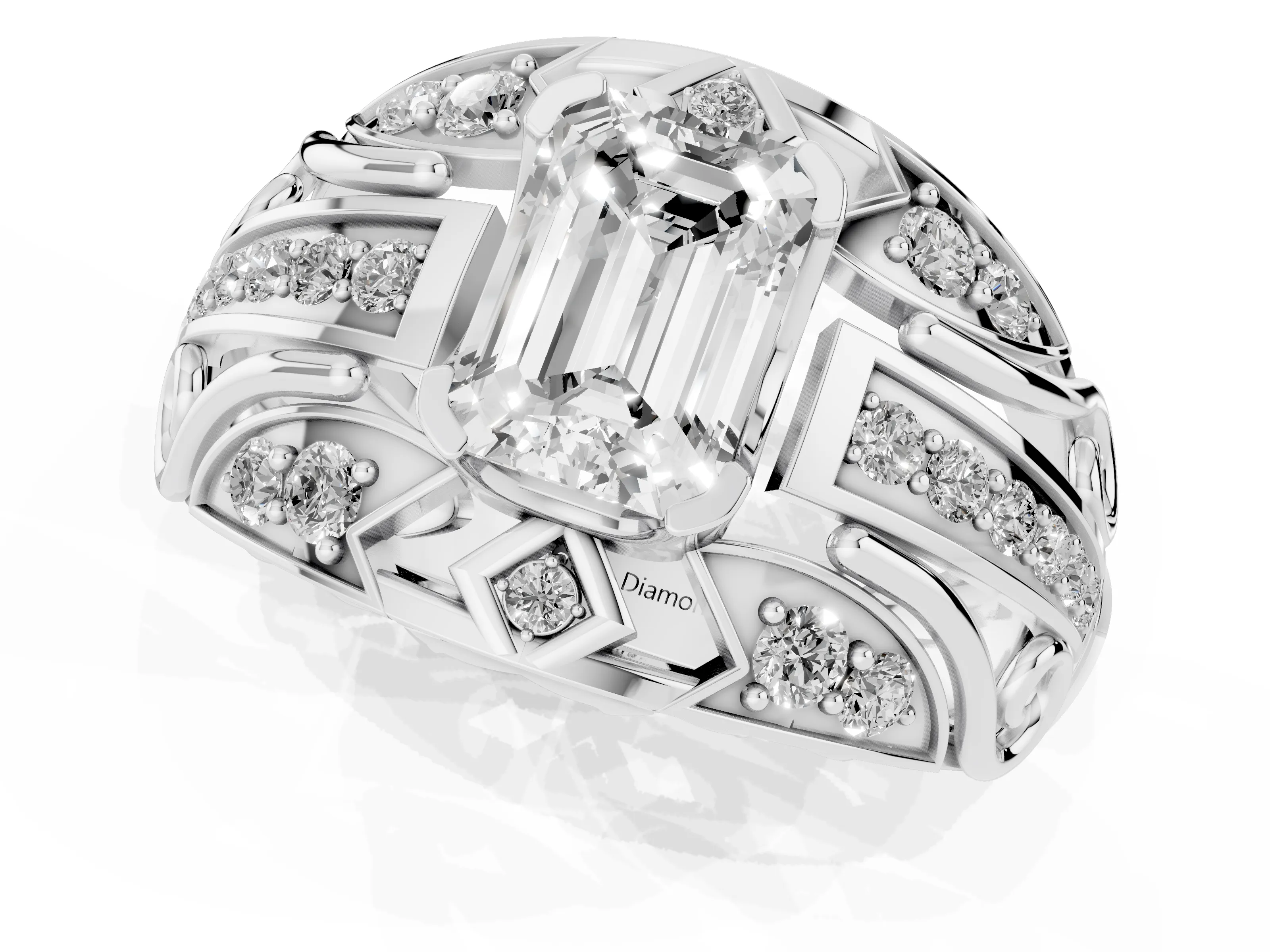Emerald Cut Diamond Art Deco Ring Set in Platinum with Pavé Split Shank