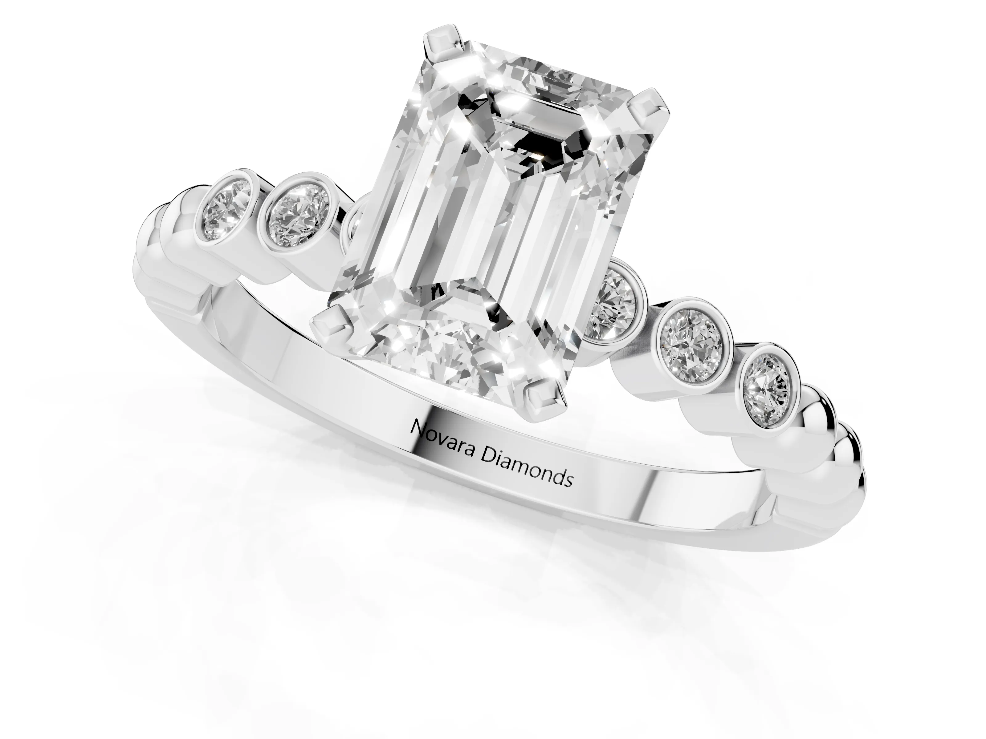 Emerald Cut Diamond Solitaire Engagement Ring Set in White gold with Bezel Accents on Beaded Band – second view