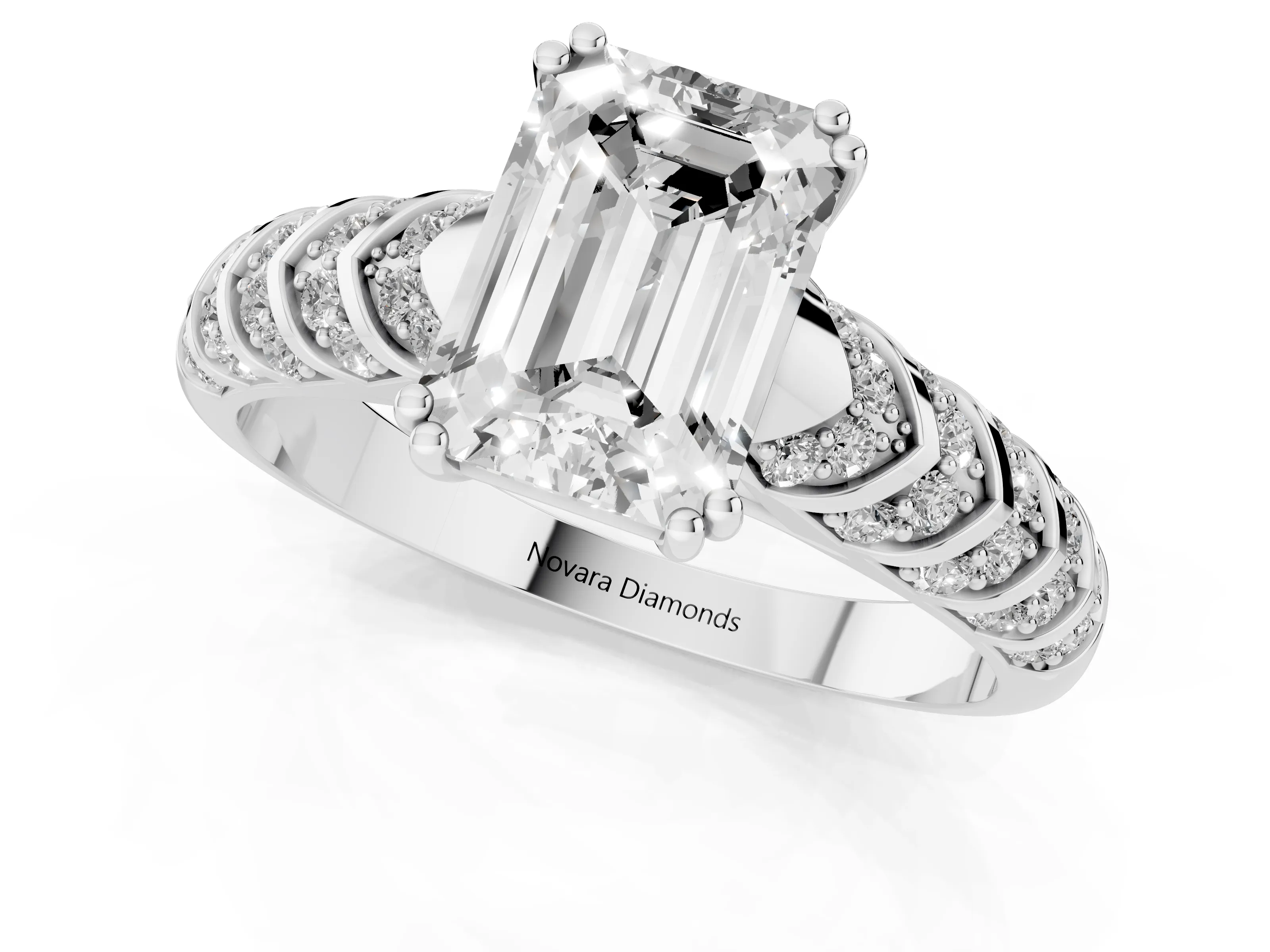 Emerald Cut Diamond Solitaire Chevron Pavé Engagement Ring Set in White gold with Prong Setting – second view