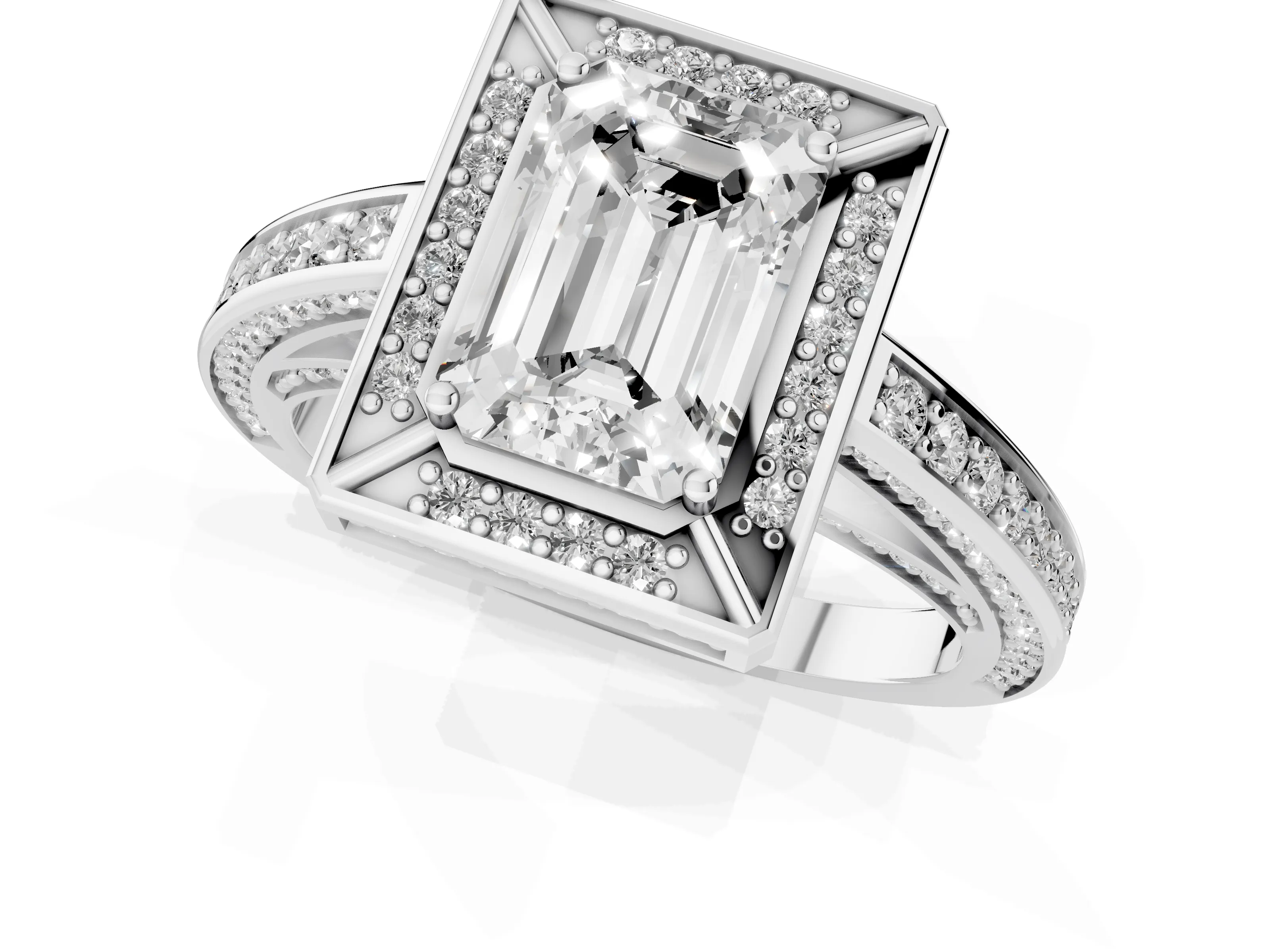 Emerald Cut Diamond Halo Pavé Split Shank Ring Set in Silver with Prong Setting