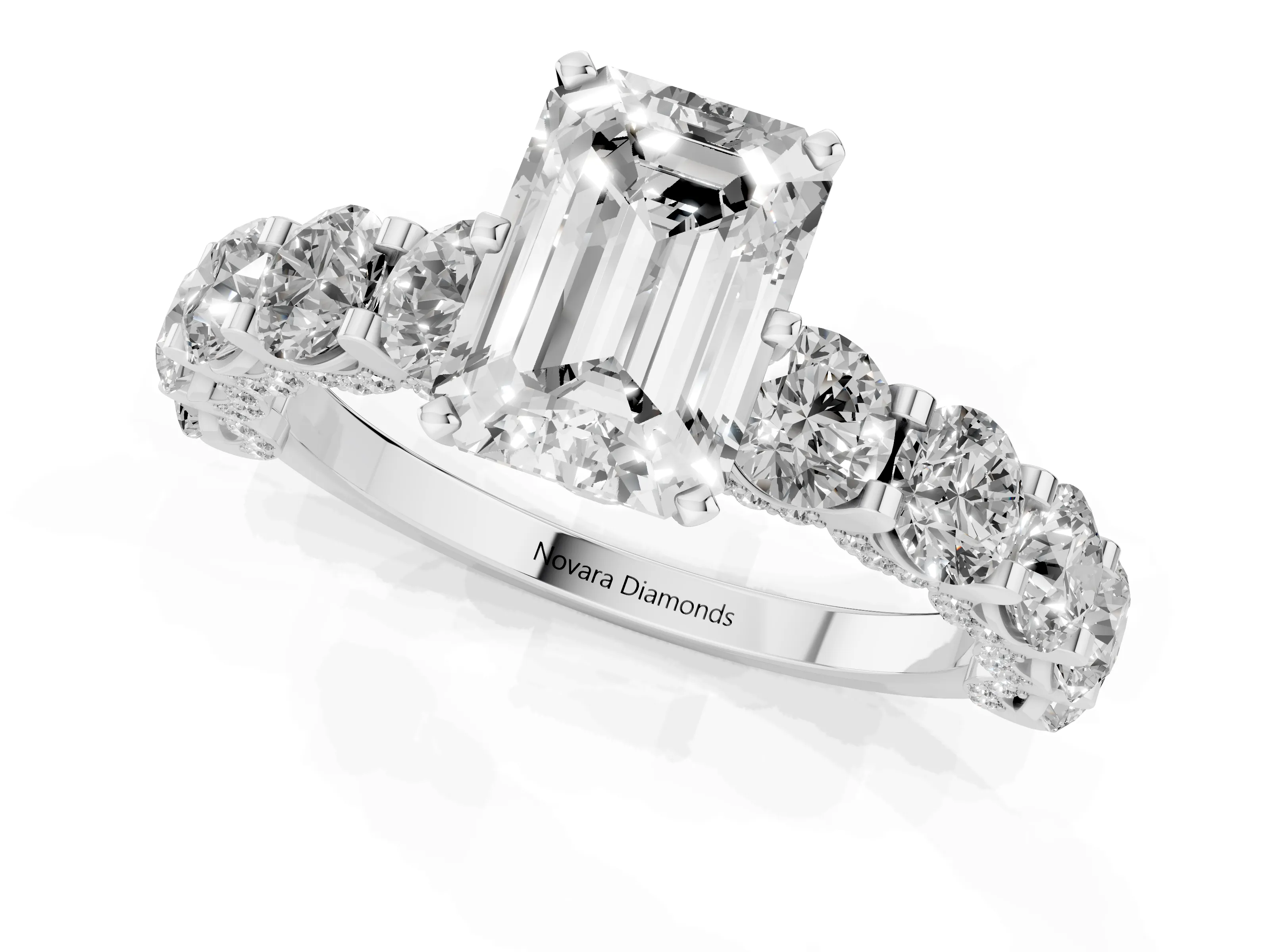 Emerald Cut Diamond Side Stone Ring Set in Silver with Alternating Round and Oval Side Stones