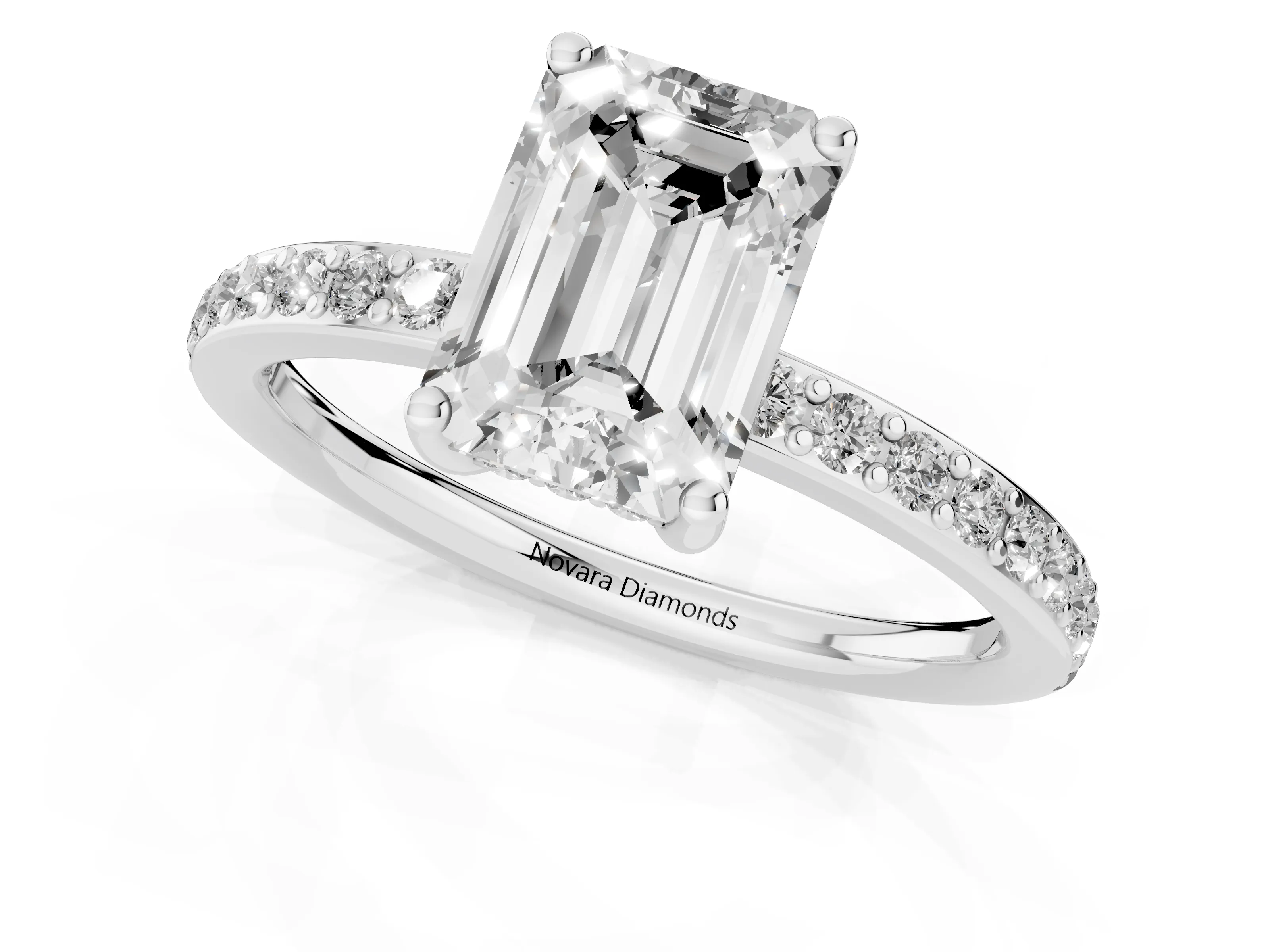 Emerald Cut Diamond Pavé Band Ring Set in White gold with Prong-Set Center Stone – second view