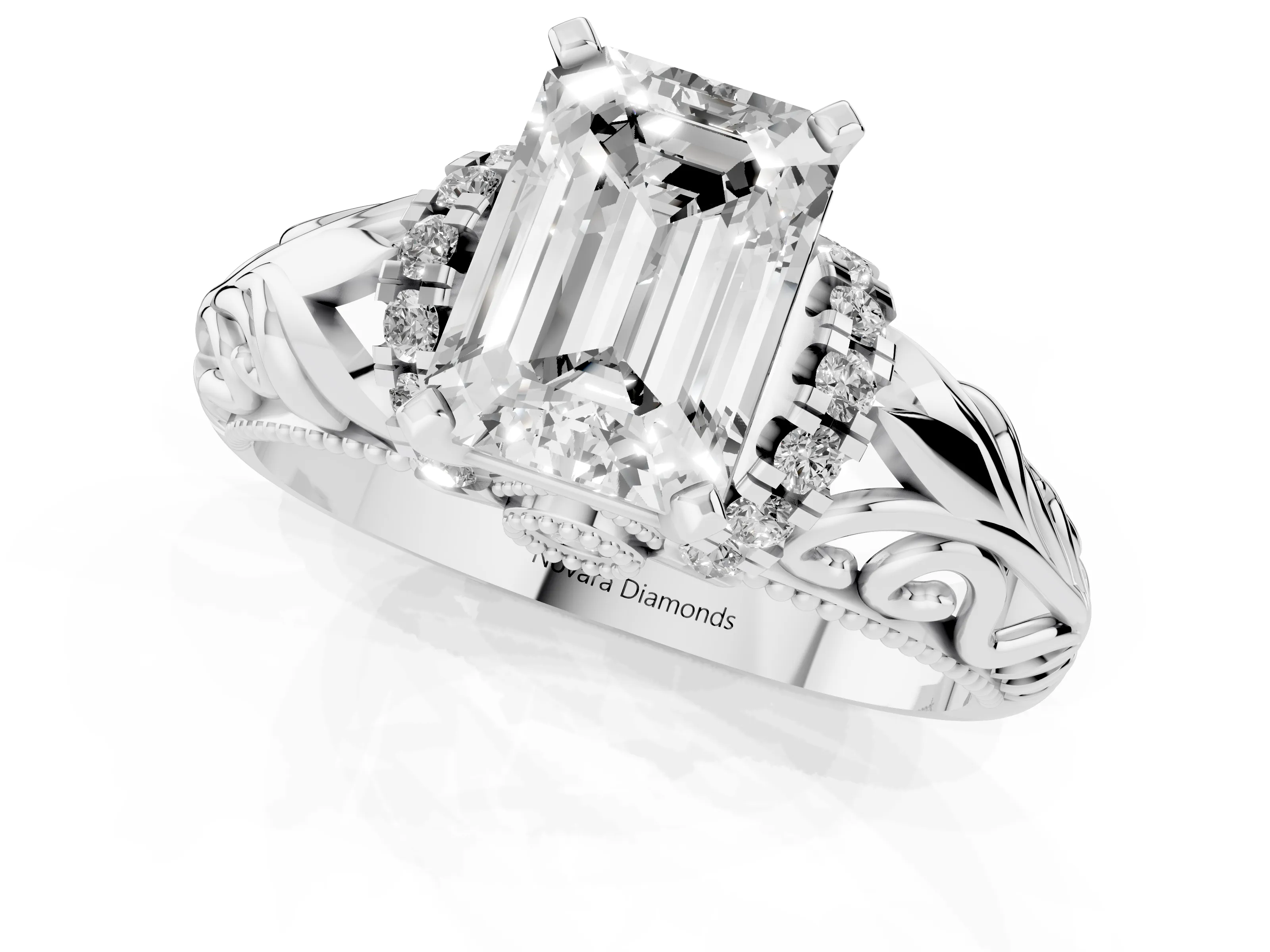 Emerald Cut Diamond Filigree Halo Engagement Ring Set in White gold with Prong Setting