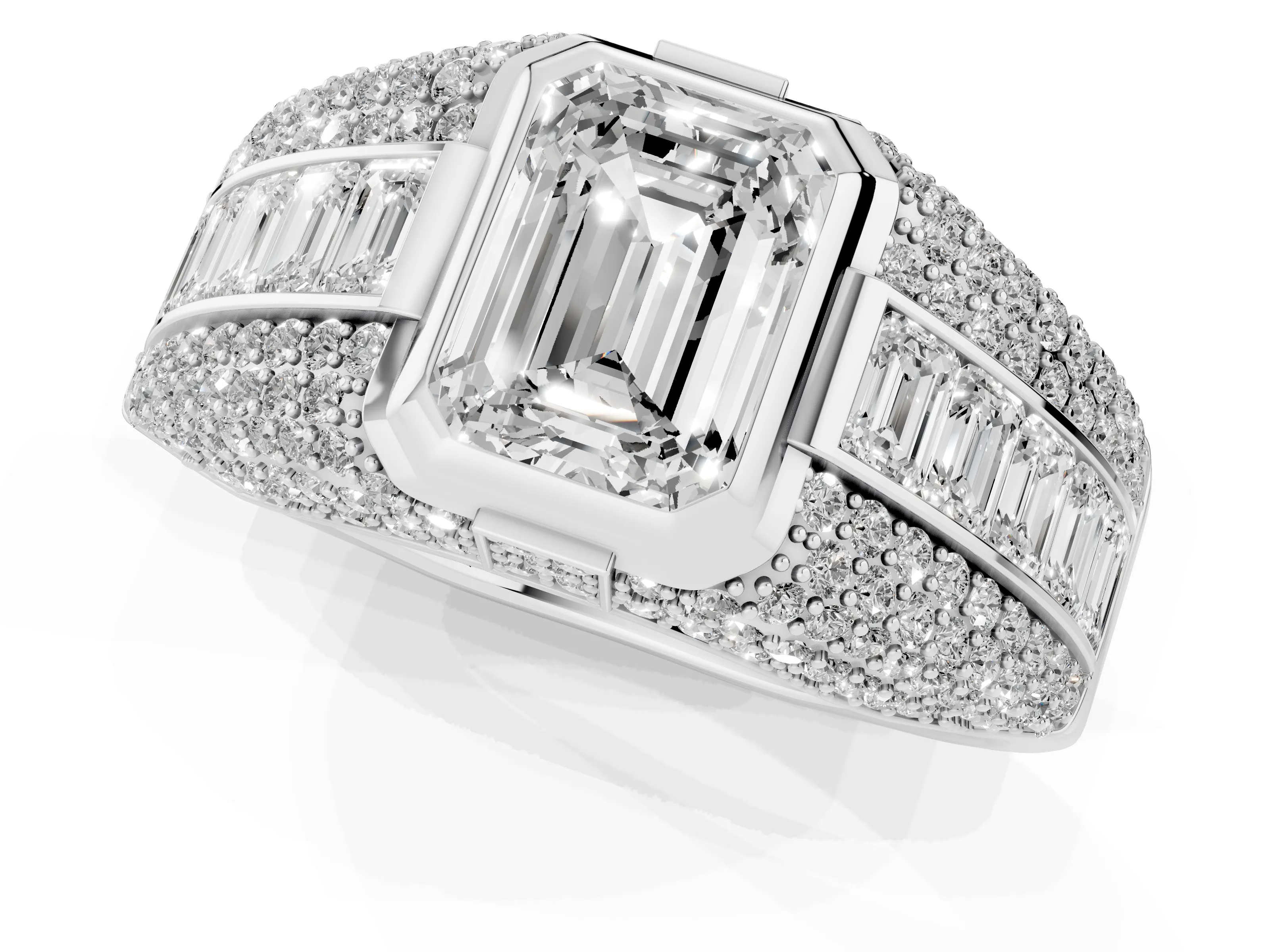 Emerald Cut Diamond Mens Ring Set in Platinum with Structured Side Stones and Pavé Shoulders