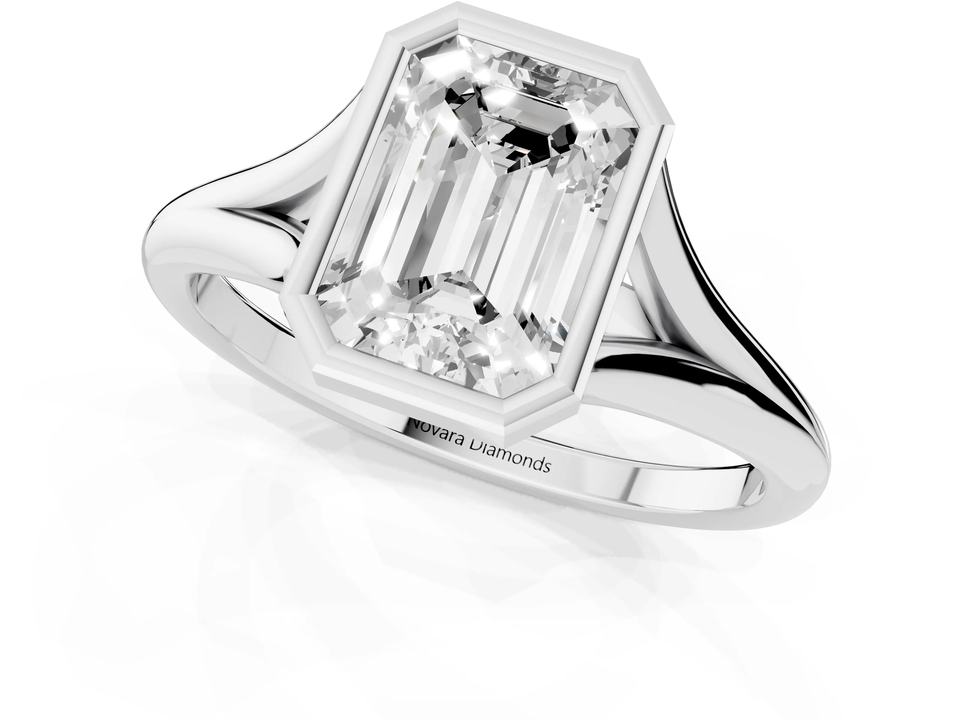 Bezel Set Emerald Cut Diamond Solitaire Ring Set in Platinum with Tapered Band