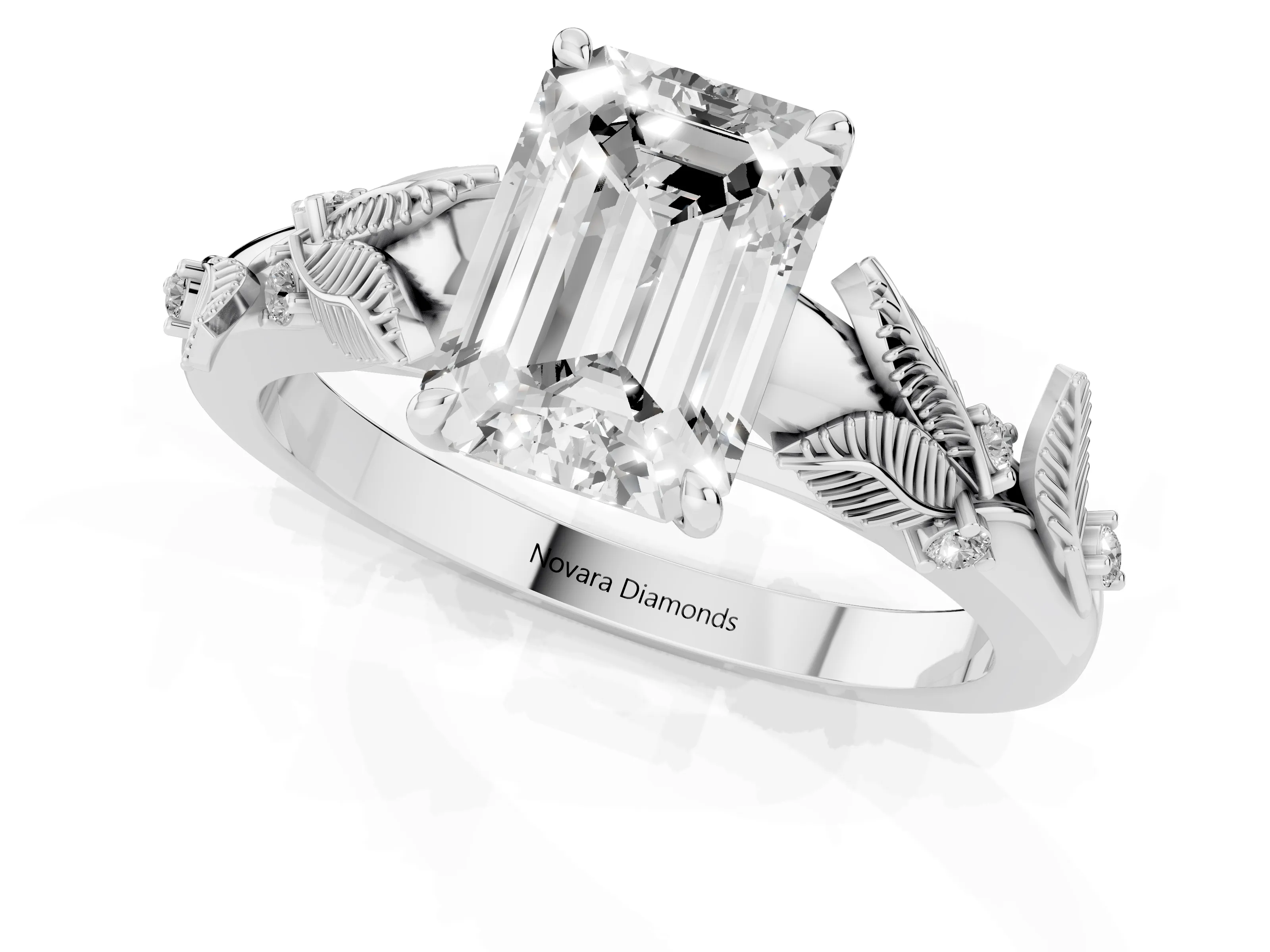 Emerald Cut Diamond Solitaire Ring Set in Platinum with Leaf Motif Band