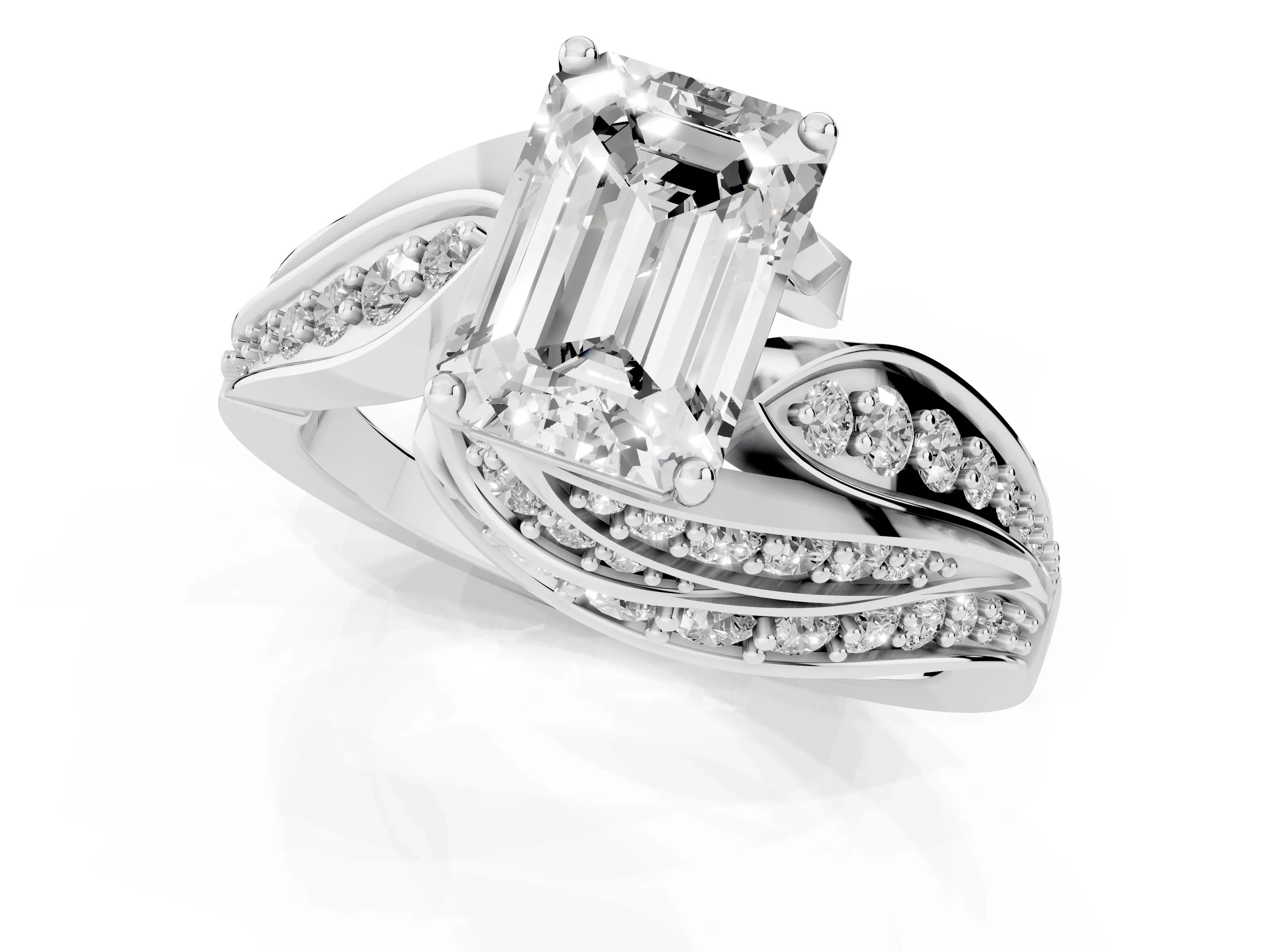 Emerald Cut Diamond Solitaire Ring Set in Silver with Layered Twist Pavé Band