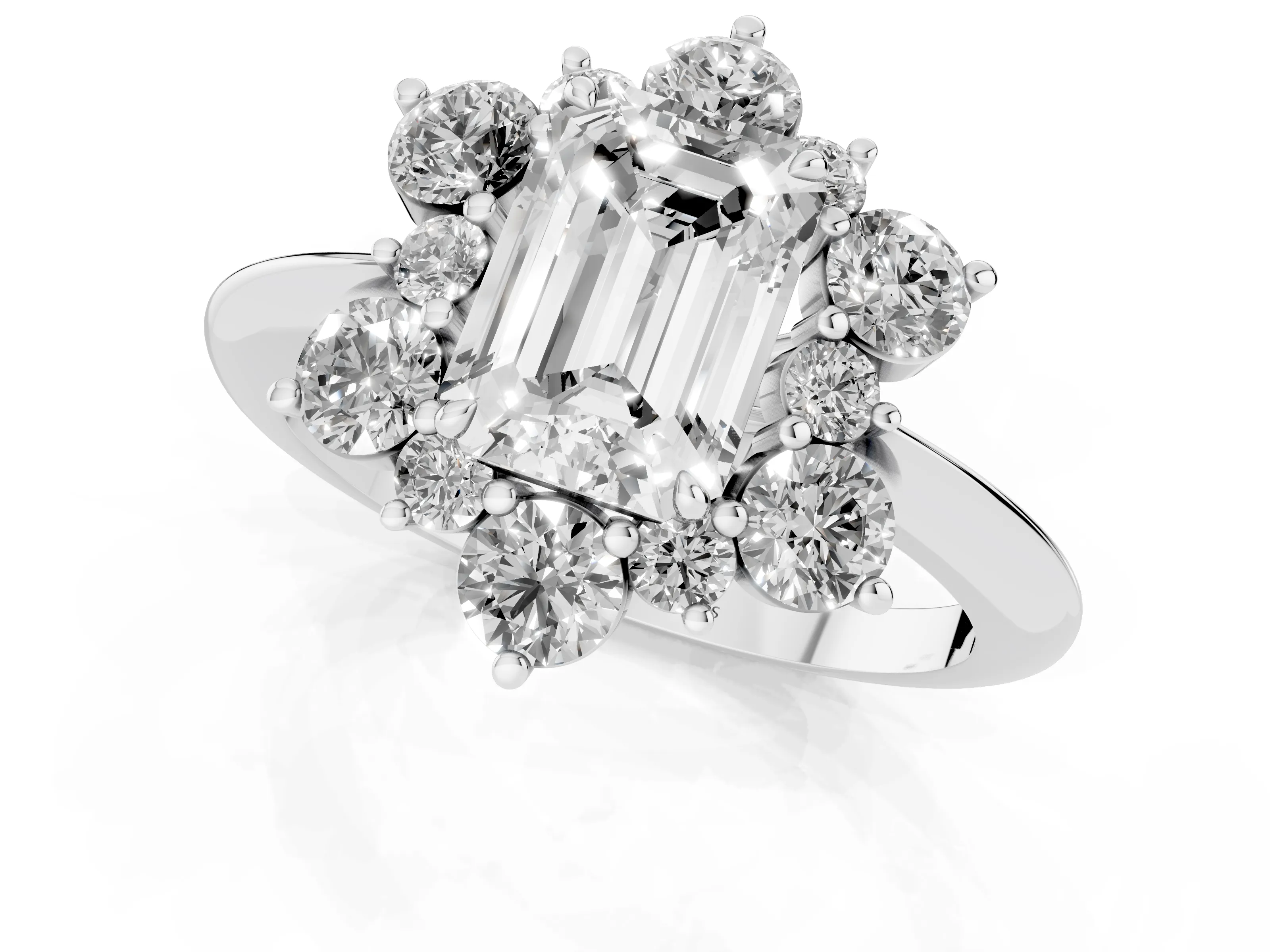 Emerald Cut Diamond Cluster Halo Ring Set in White gold with Solitaire Band and Prong Setting