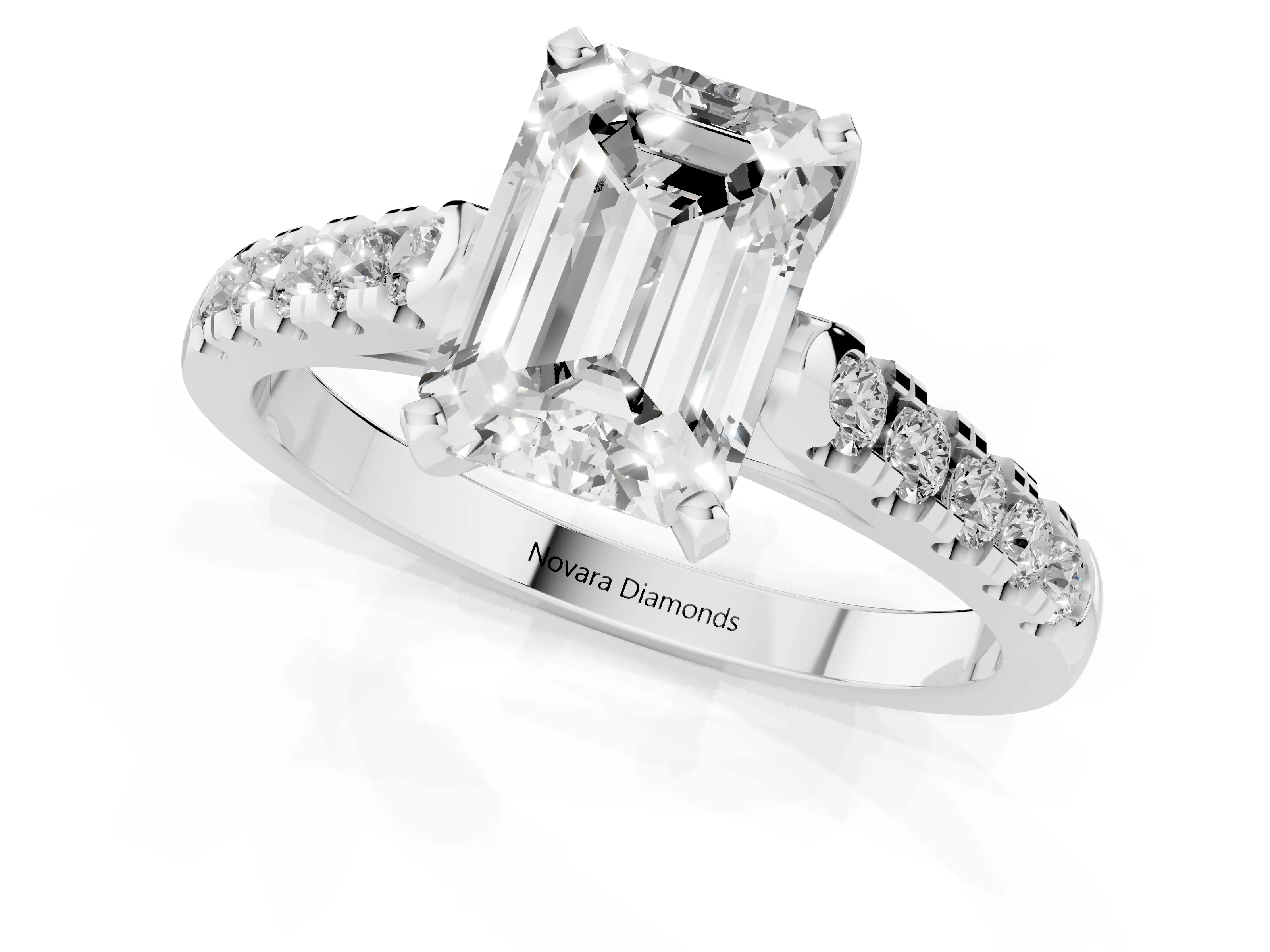Emerald Cut Diamond Pavé Band Solitaire Ring Set in Silver with Partway Accent Stones and Prong Setting