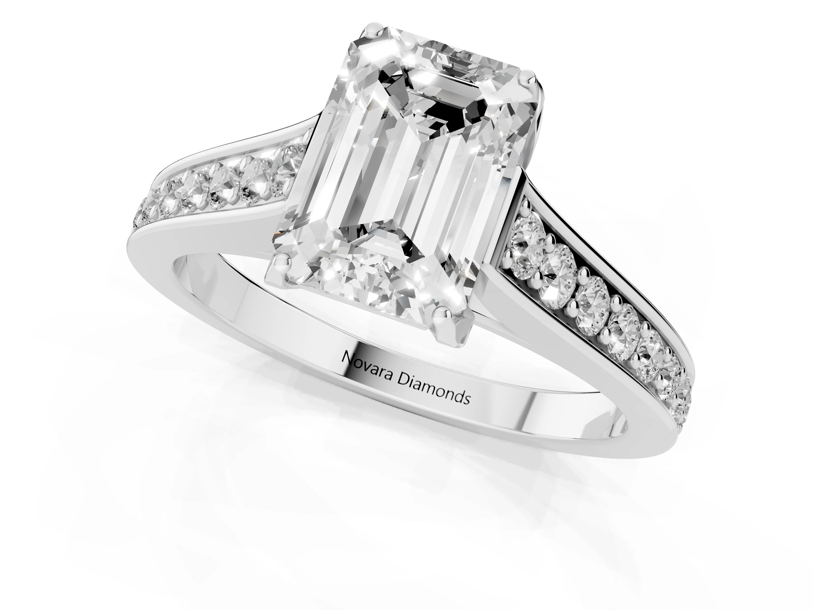 Emerald Cut Diamond Solitaire Pavé Engagement Ring Set in White gold with Prong Setting