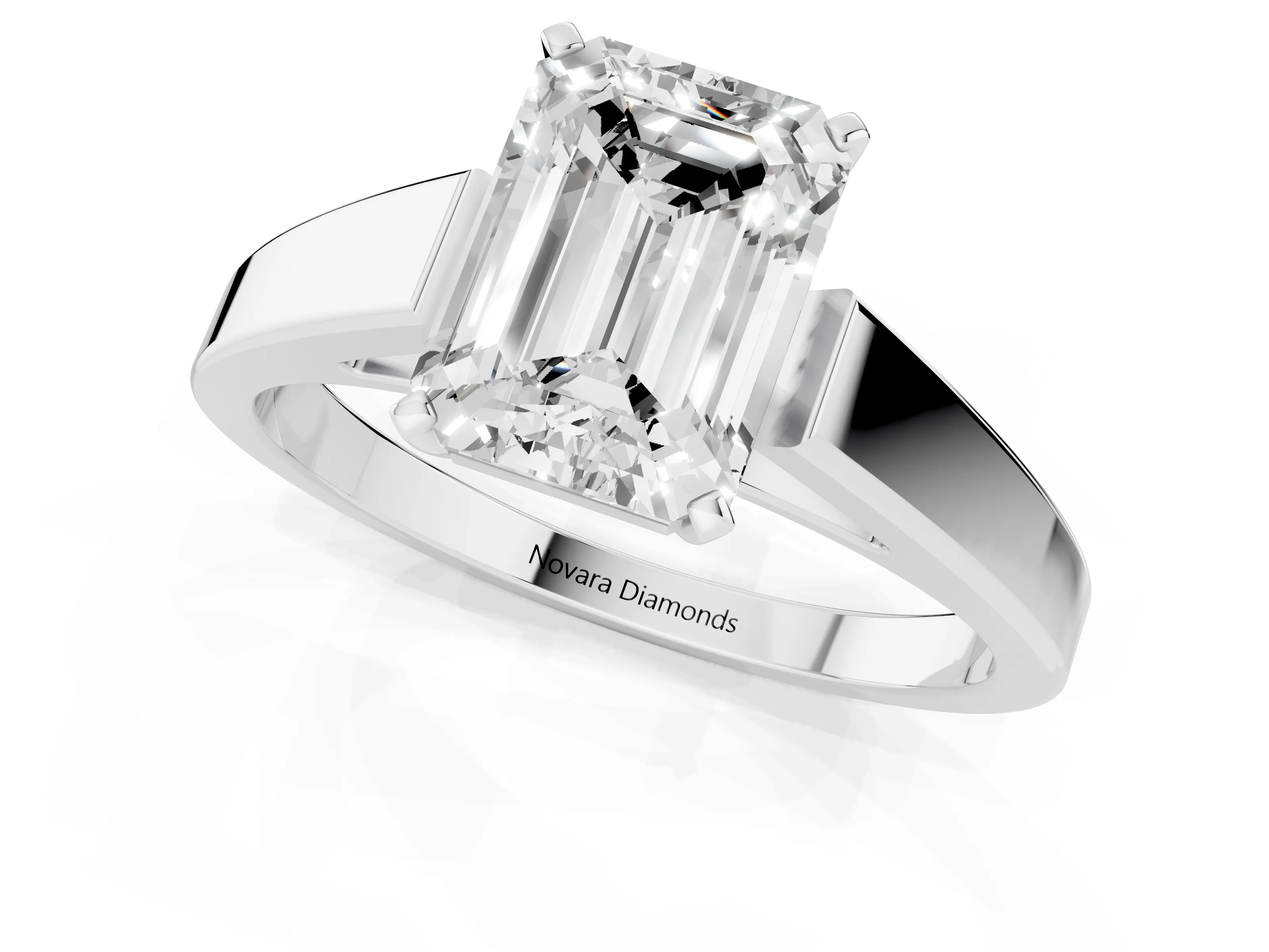 Emerald Cut Diamond Solitaire Engagement Ring Set in Platinum with Prong Setting and Tapered Band