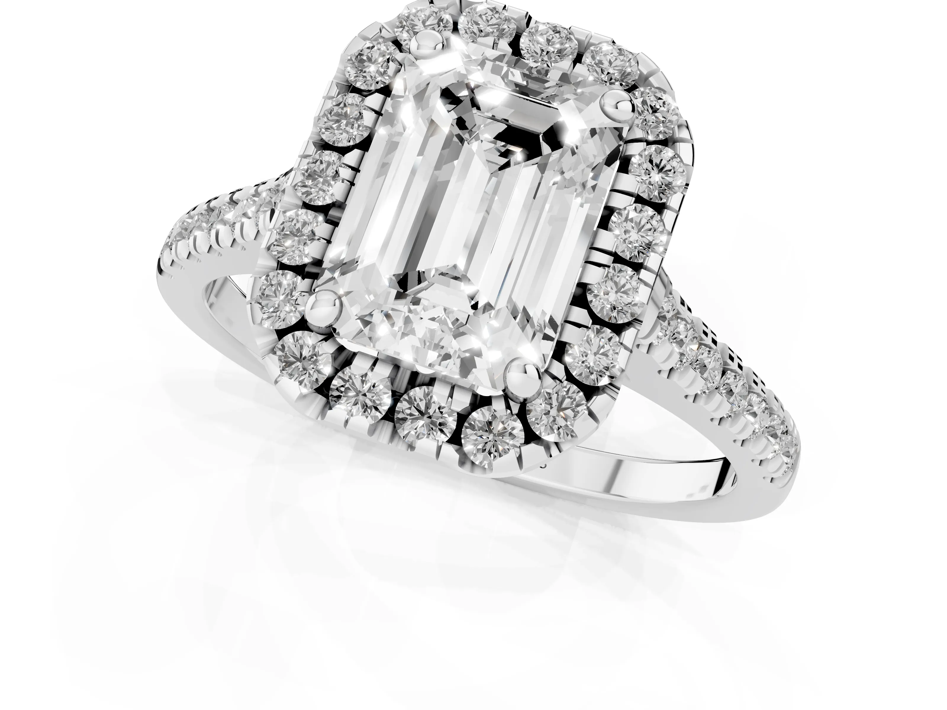 Emerald Cut Diamond Cushion Halo Ring Set in White gold with Pavé Band