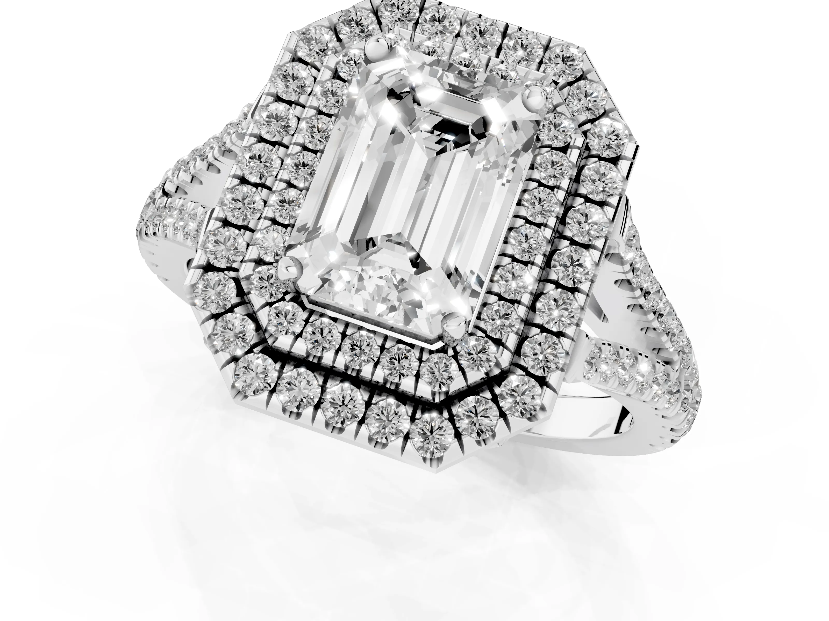 Emerald Cut Diamond Double Halo Ring Set in Silver with Pavé Band