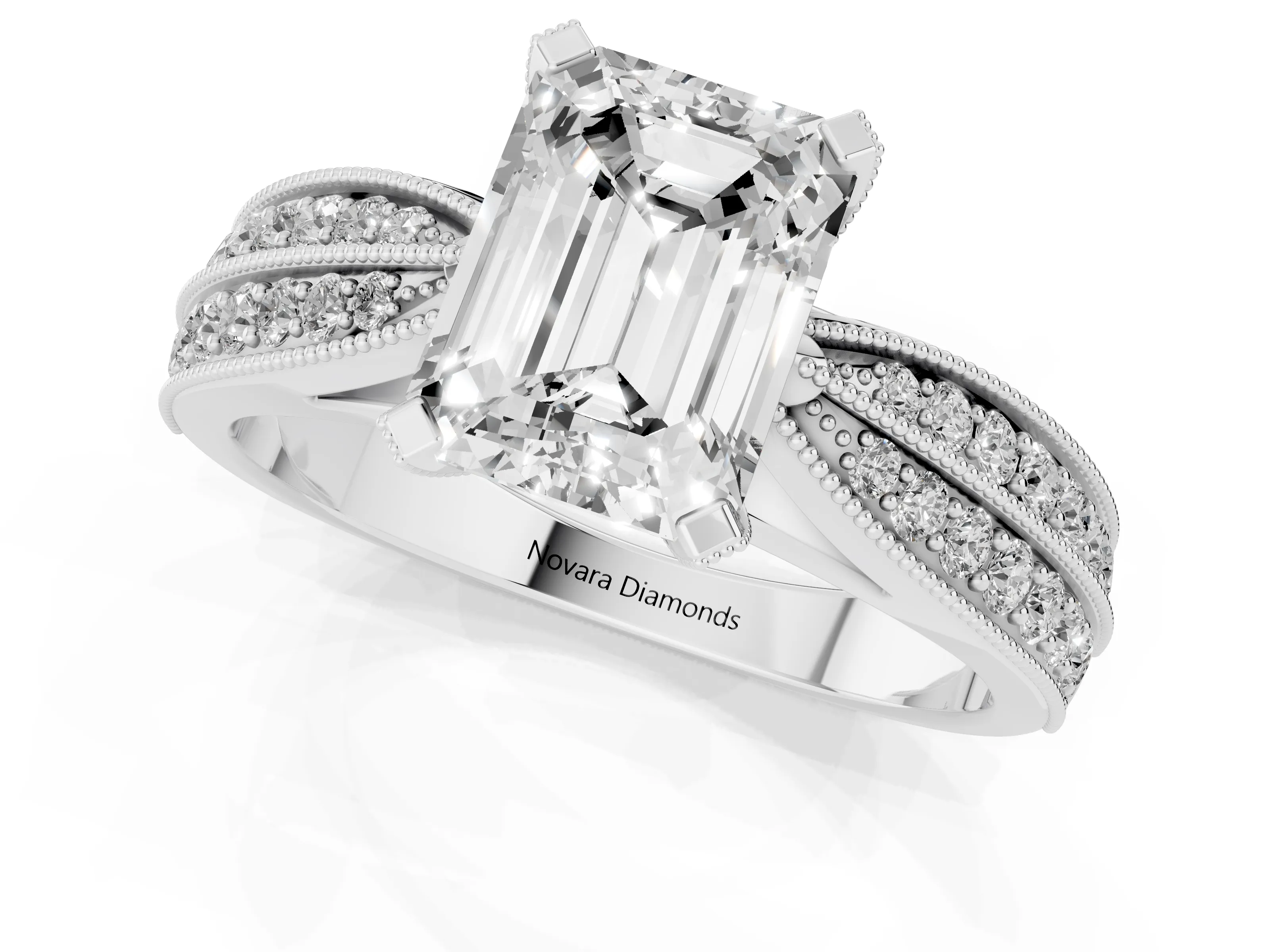 Emerald Cut Diamond Solitaire Ring Set in Platinum with Milgrain Double Row Round Pavé Band