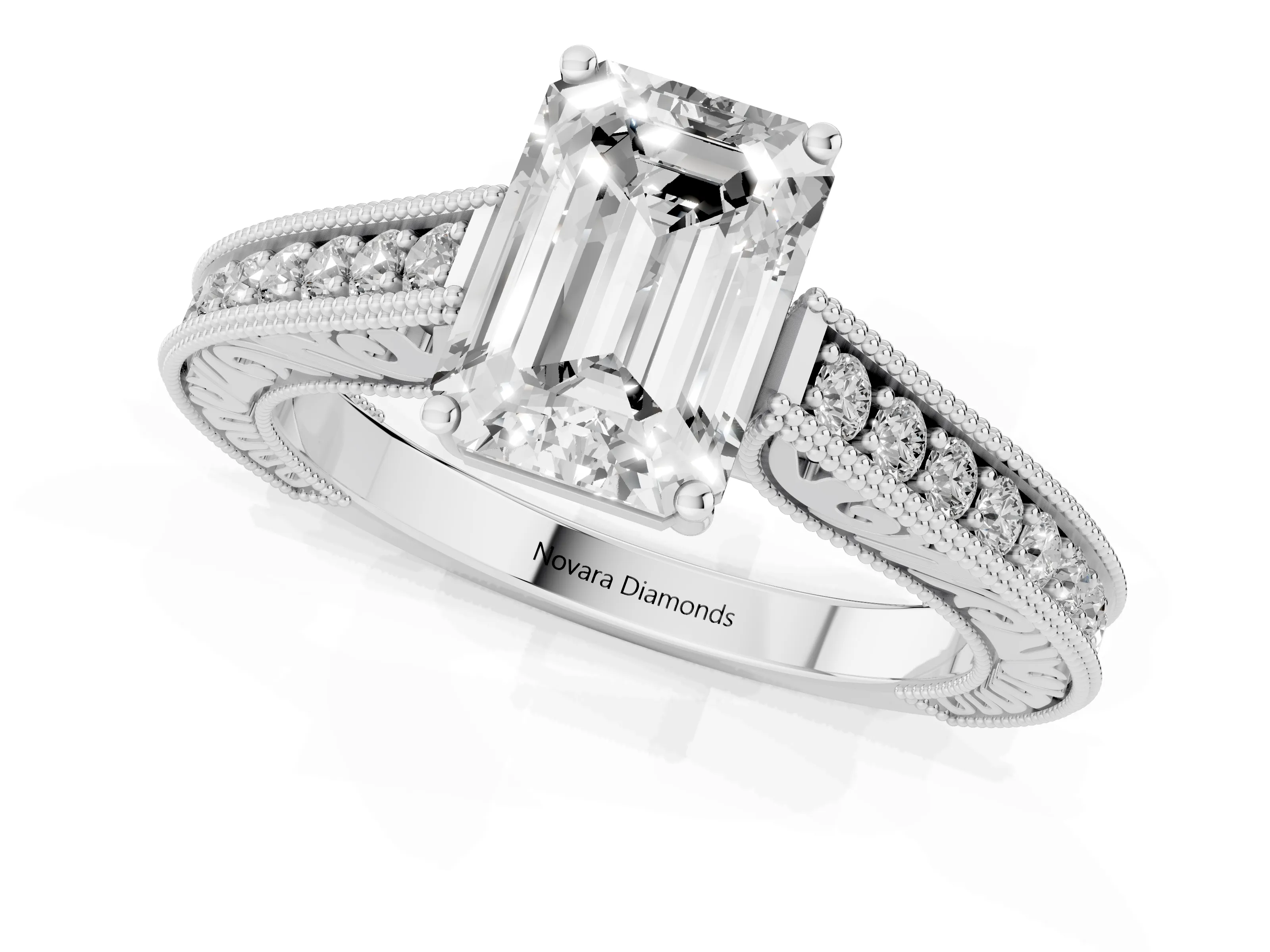 Emerald Cut Diamond Milgrain Pavé Band Solitaire Ring Set in White gold with Prong Setting
