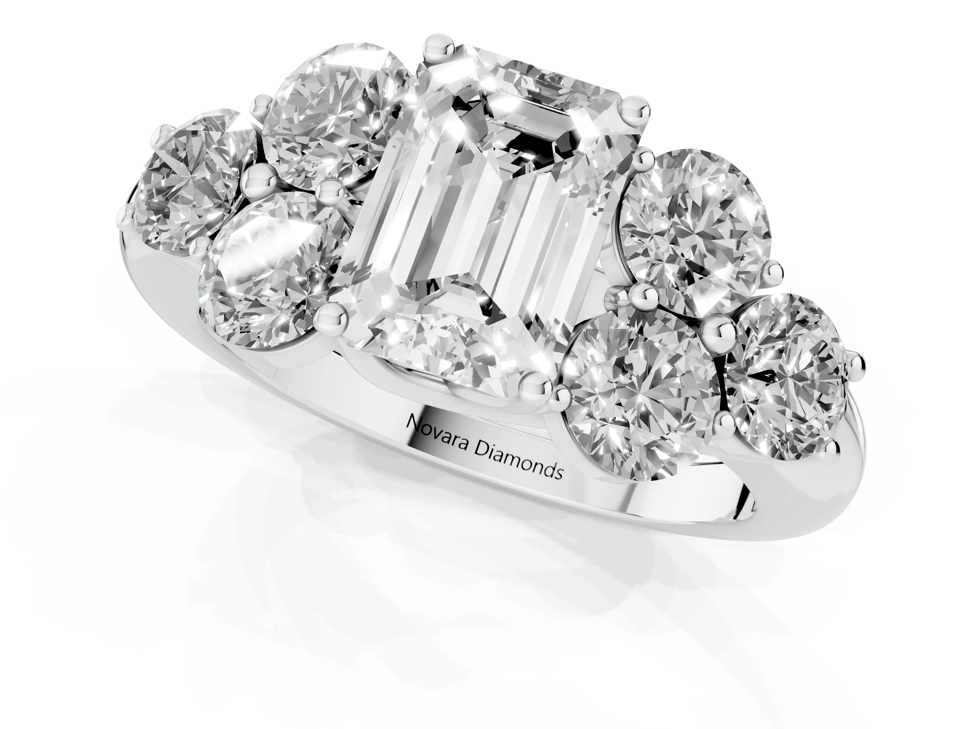 Emerald Cut Diamond Cluster Ring Set in White gold with Round Accent Stones and Prong Setting on a Plain Band – second view
