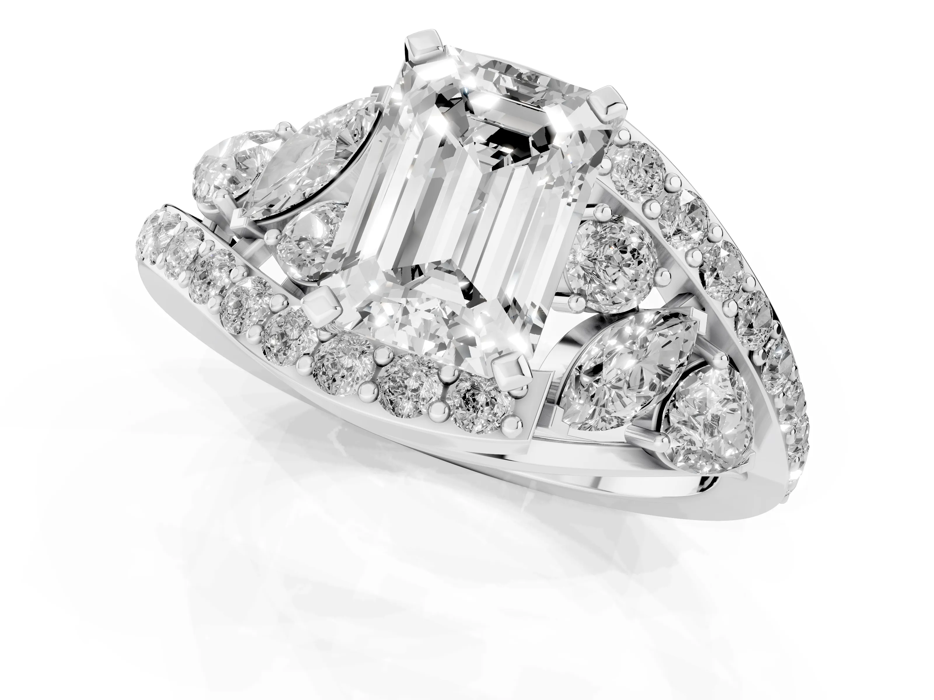 Emerald Cut Diamond Halo Ring Set in White gold with Marquise and Pavé Band in Prong Setting