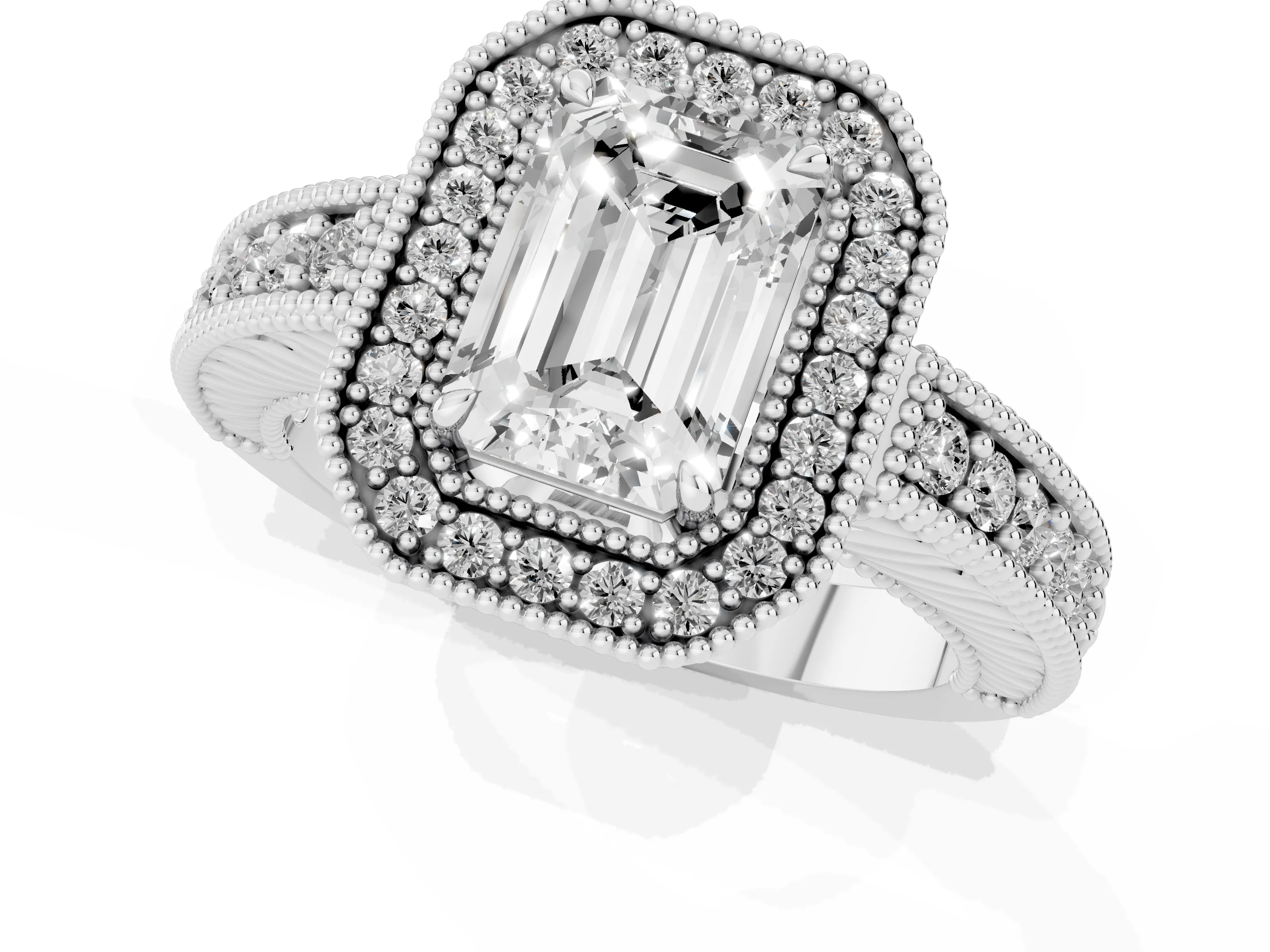 Emerald Cut Diamond Halo Ring Set in White gold with Round Accent Halo, Pavé Band and Prong Setting – second view