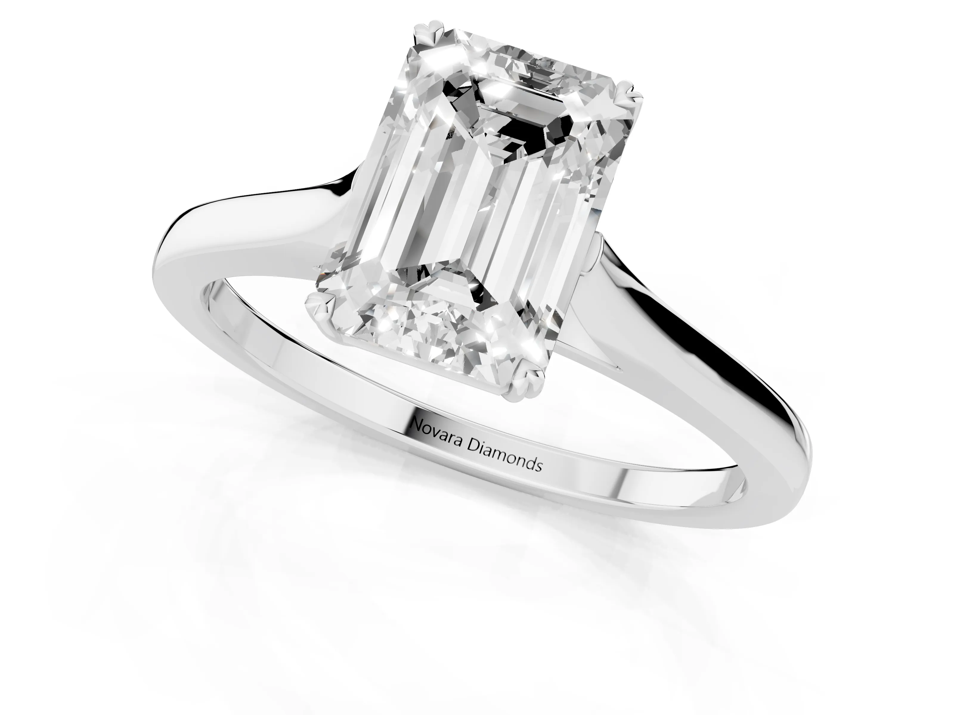 Emerald Cut Diamond Solitaire Heart Prong Engagement Ring Set in White gold with Tapered Band