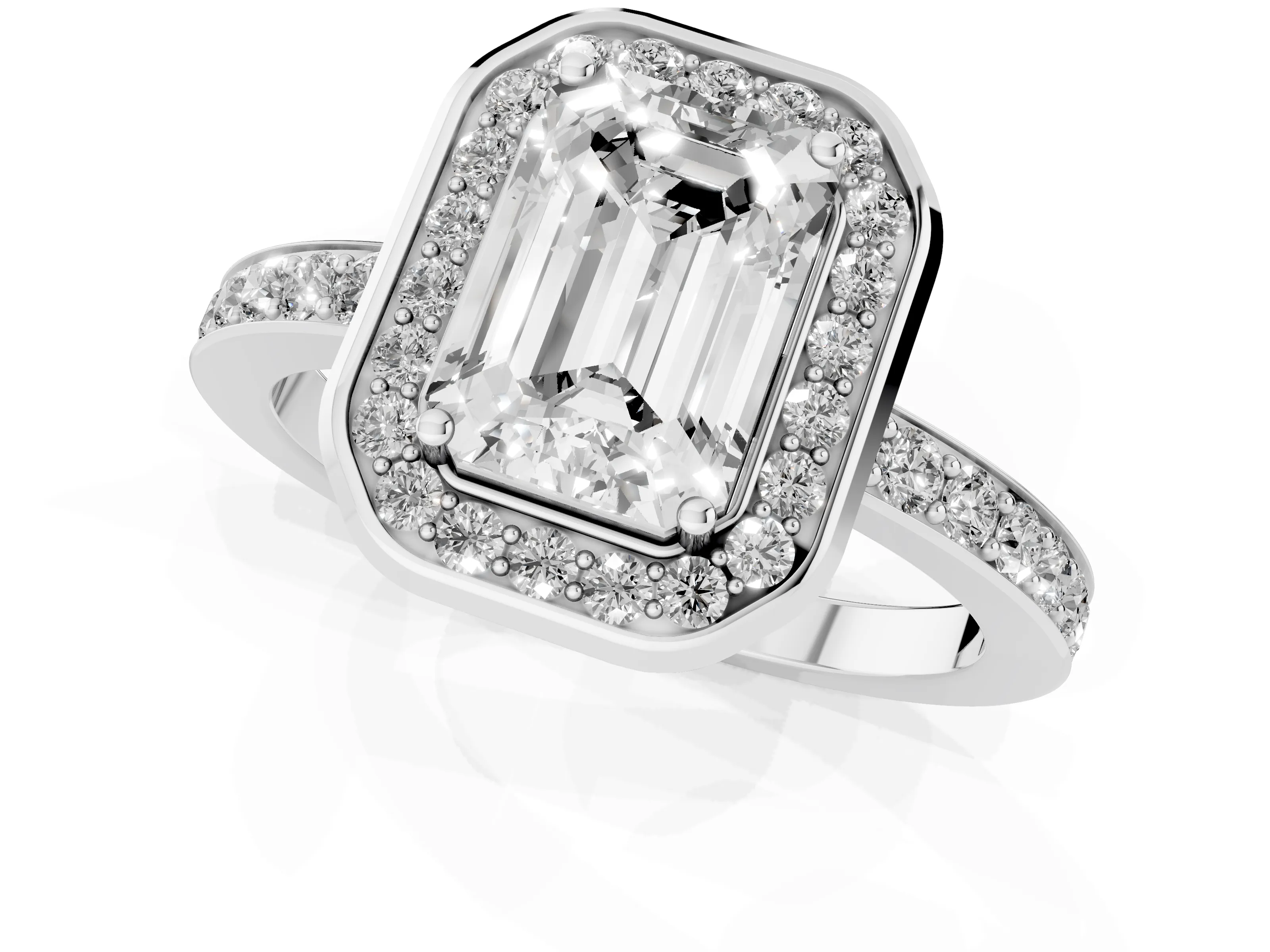 Emerald Cut Diamond Halo Ring Set in Silver with Bezel Frame and Pavé Band