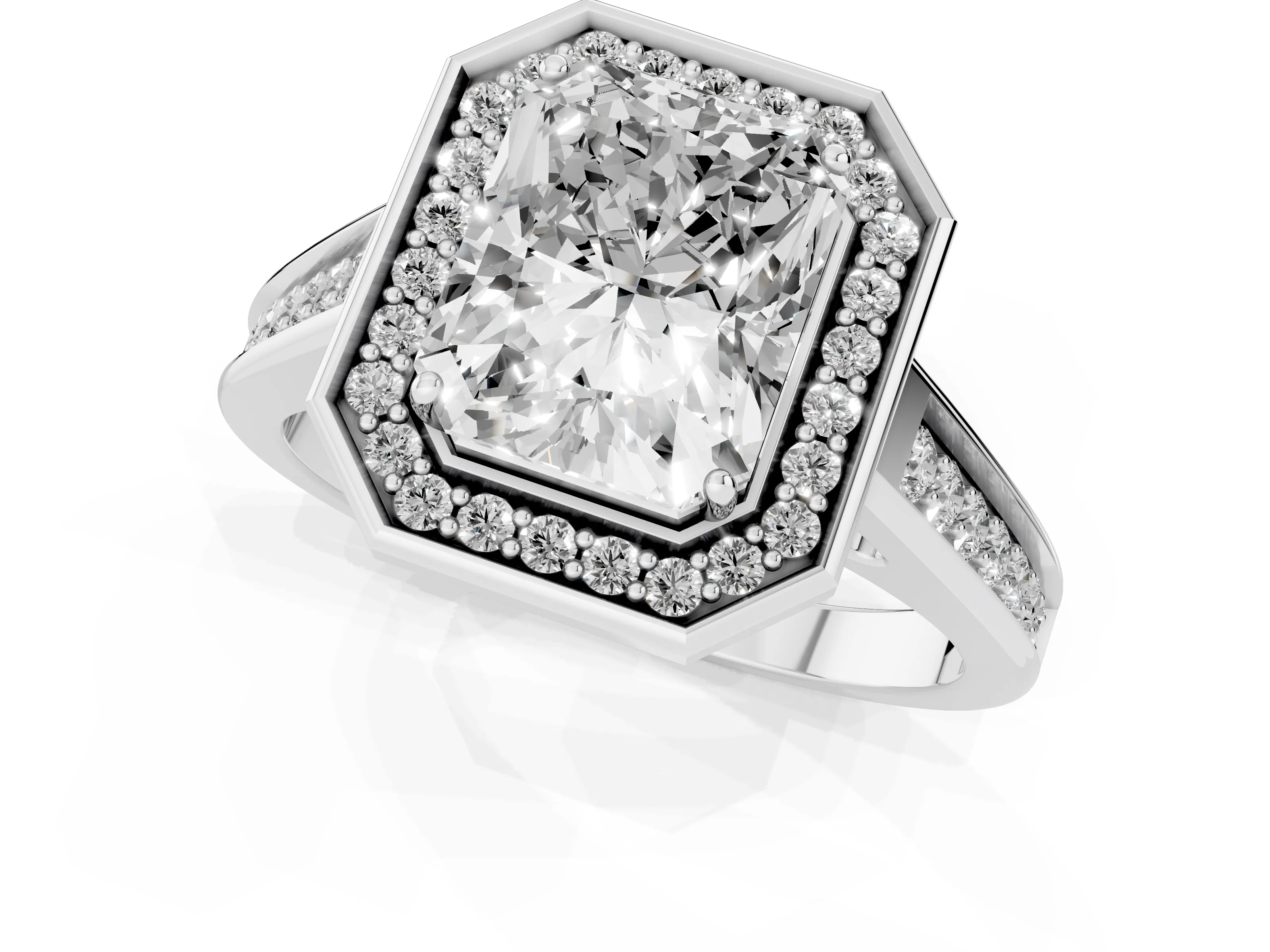 Emerald Cut Diamond Halo Solitaire Ring Set in Platinum with Pavé Band and Bezel Setting
