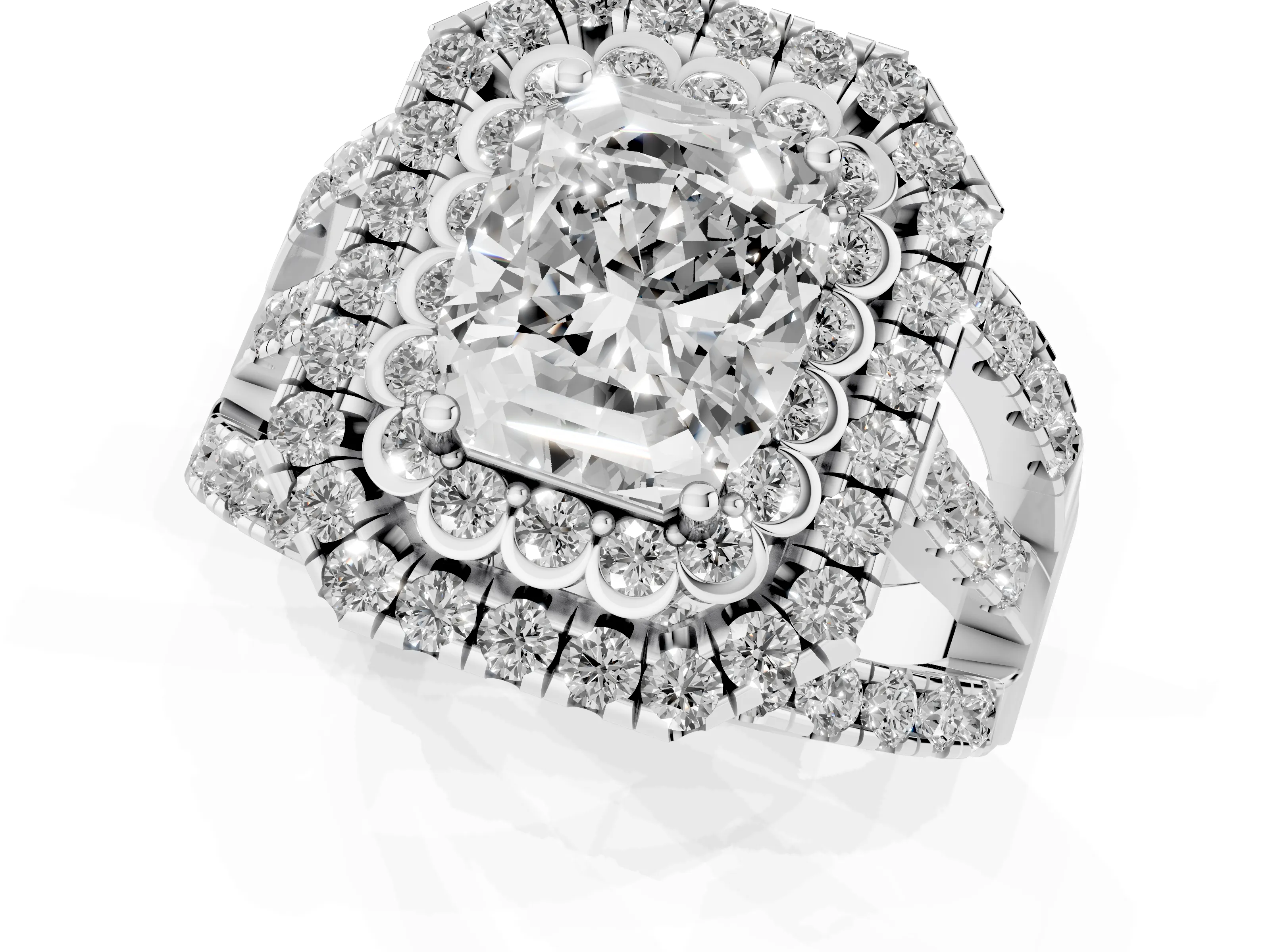 Emerald Cut Diamond Double Halo Ring Set in Silver with Round Pavé Split Shank