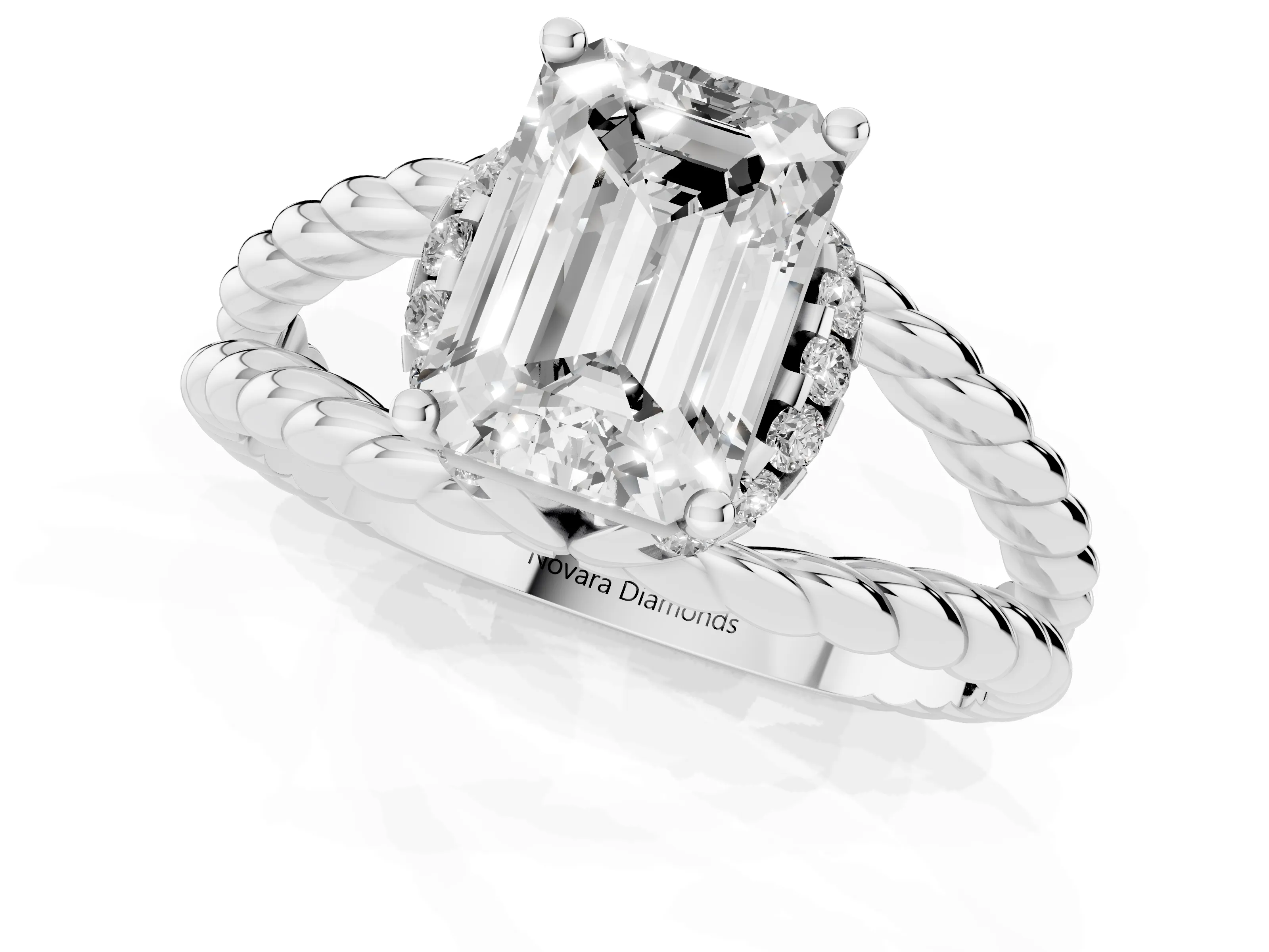 Emerald Cut Diamond Halo Ring Set in White gold with Twisted Band and Prong Setting