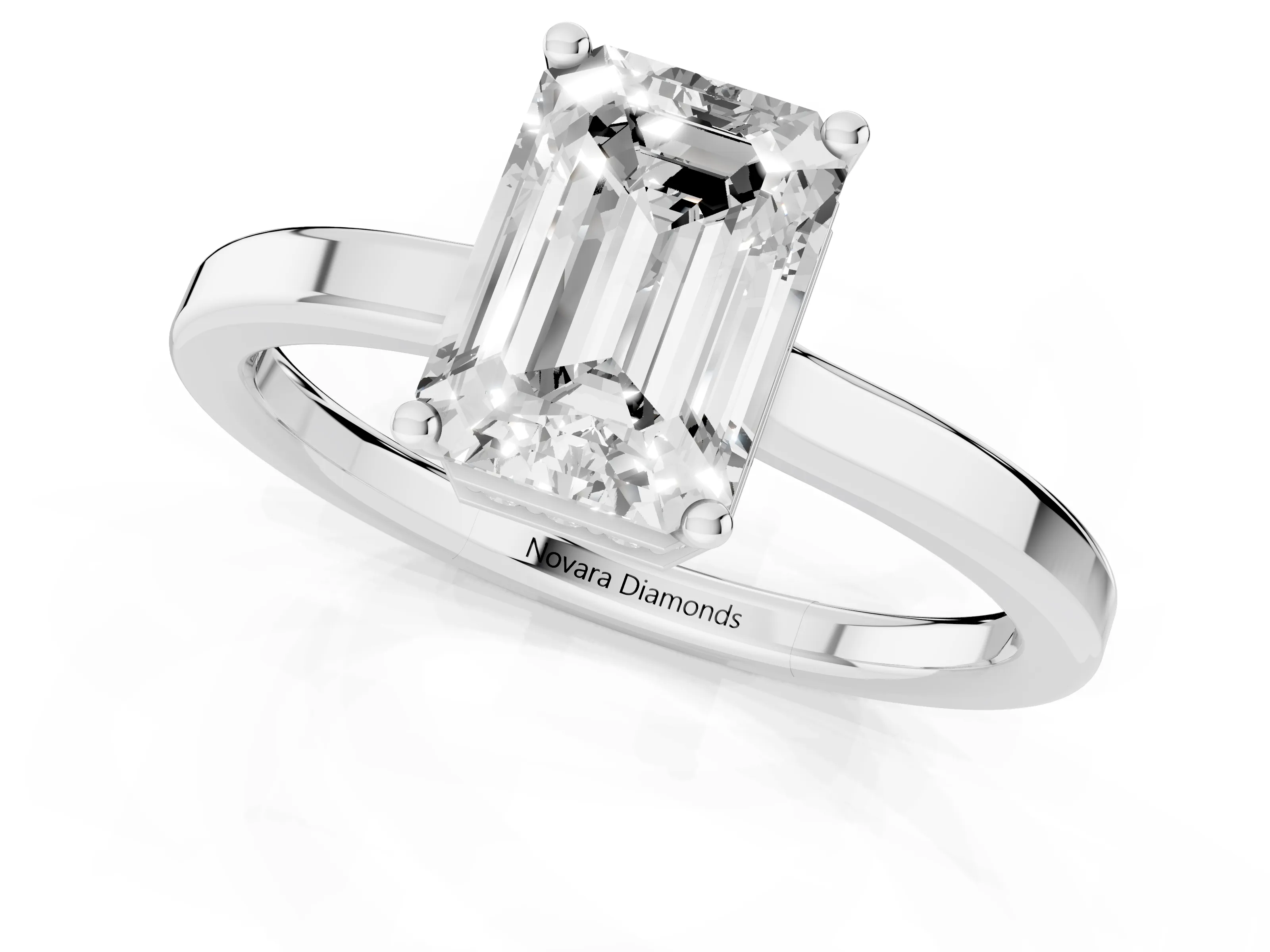 Emerald Cut Diamond Solitaire Engagement Ring Set in Platinum with Prong Setting on a Plain Band