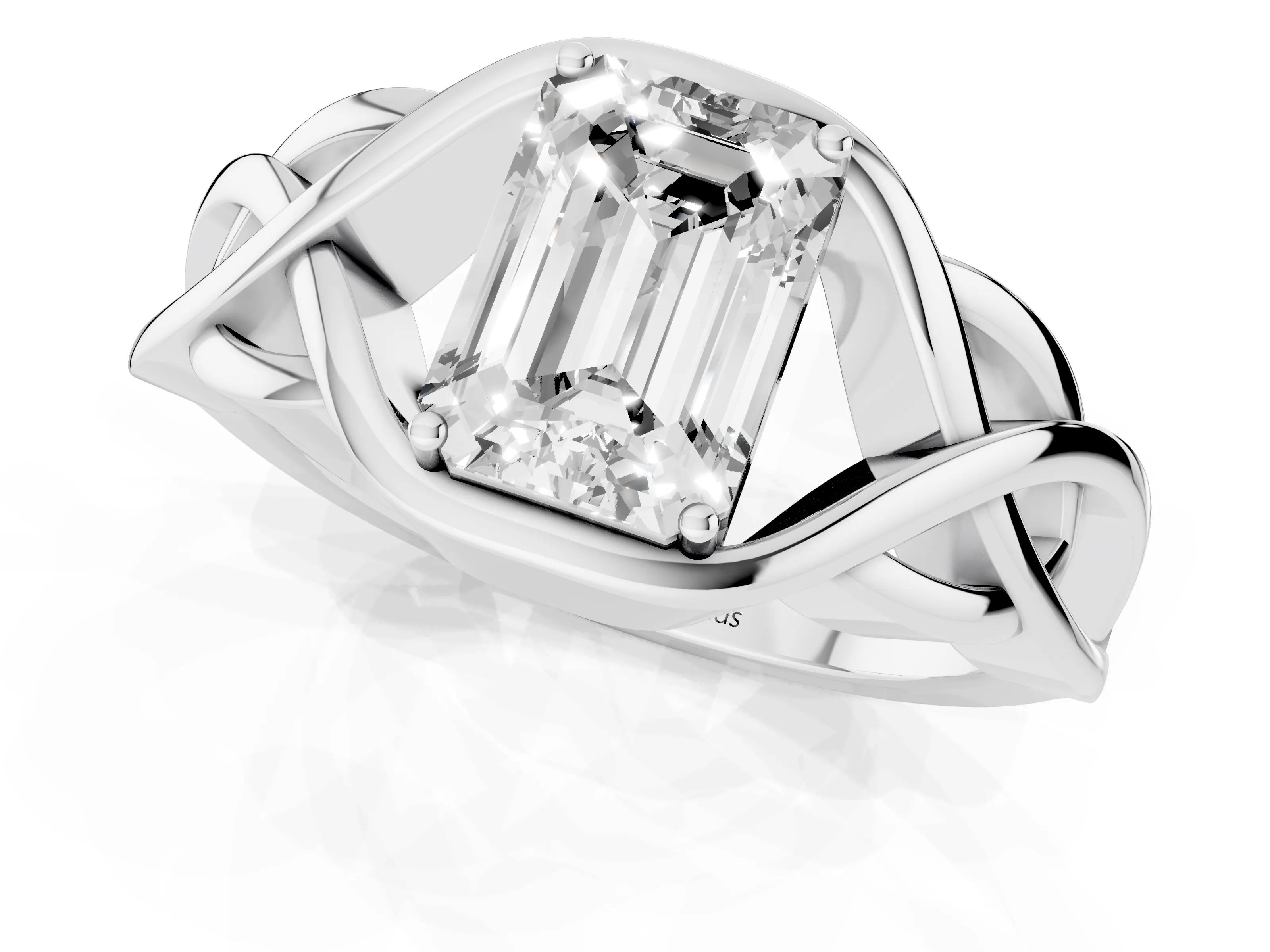Emerald Cut Diamond Solitaire Ring Set in Silver with Intertwined Band