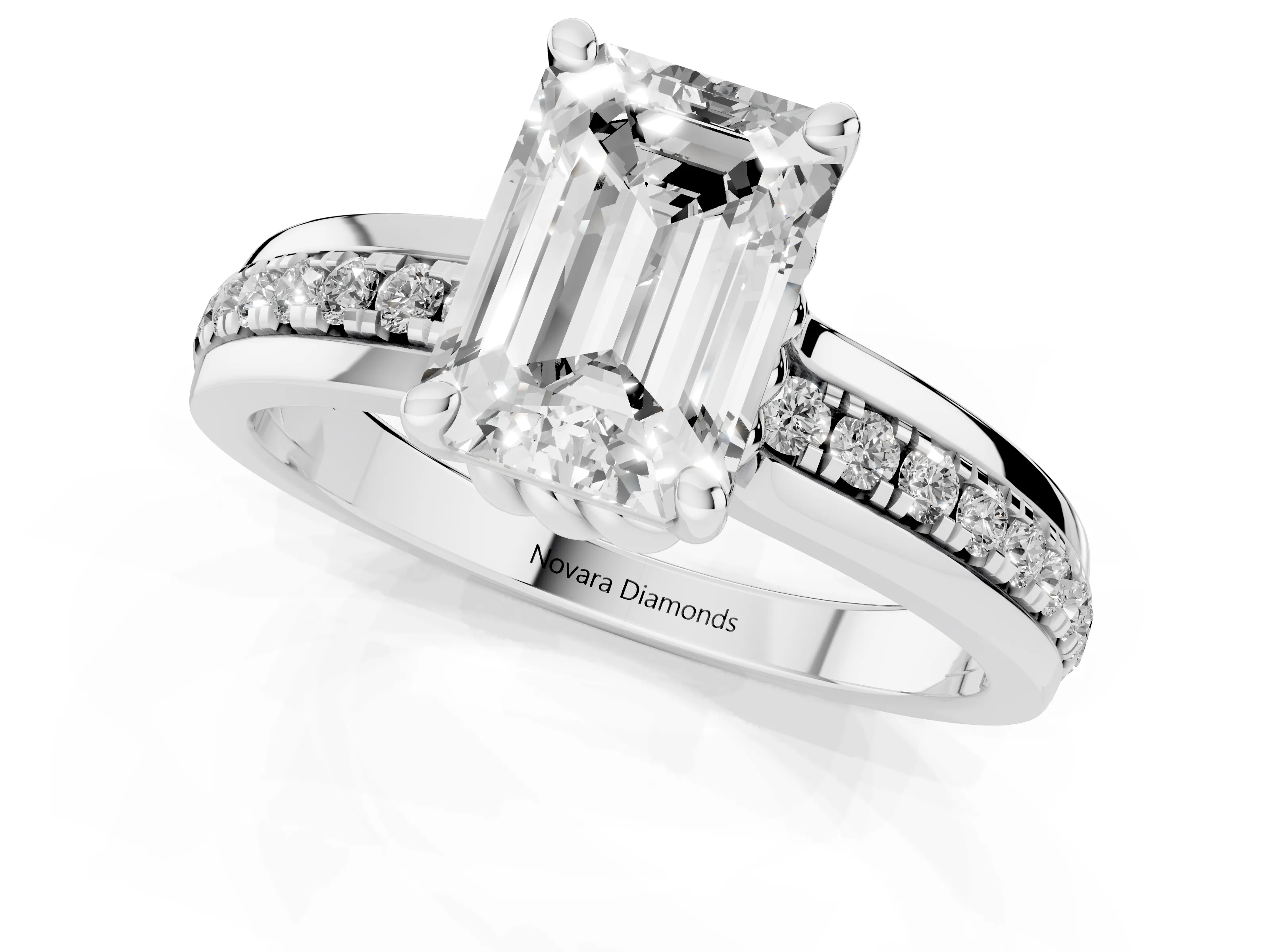 Emerald Cut Diamond Solitaire Ring Set in Platinum with Channel Set Band and Prong Setting