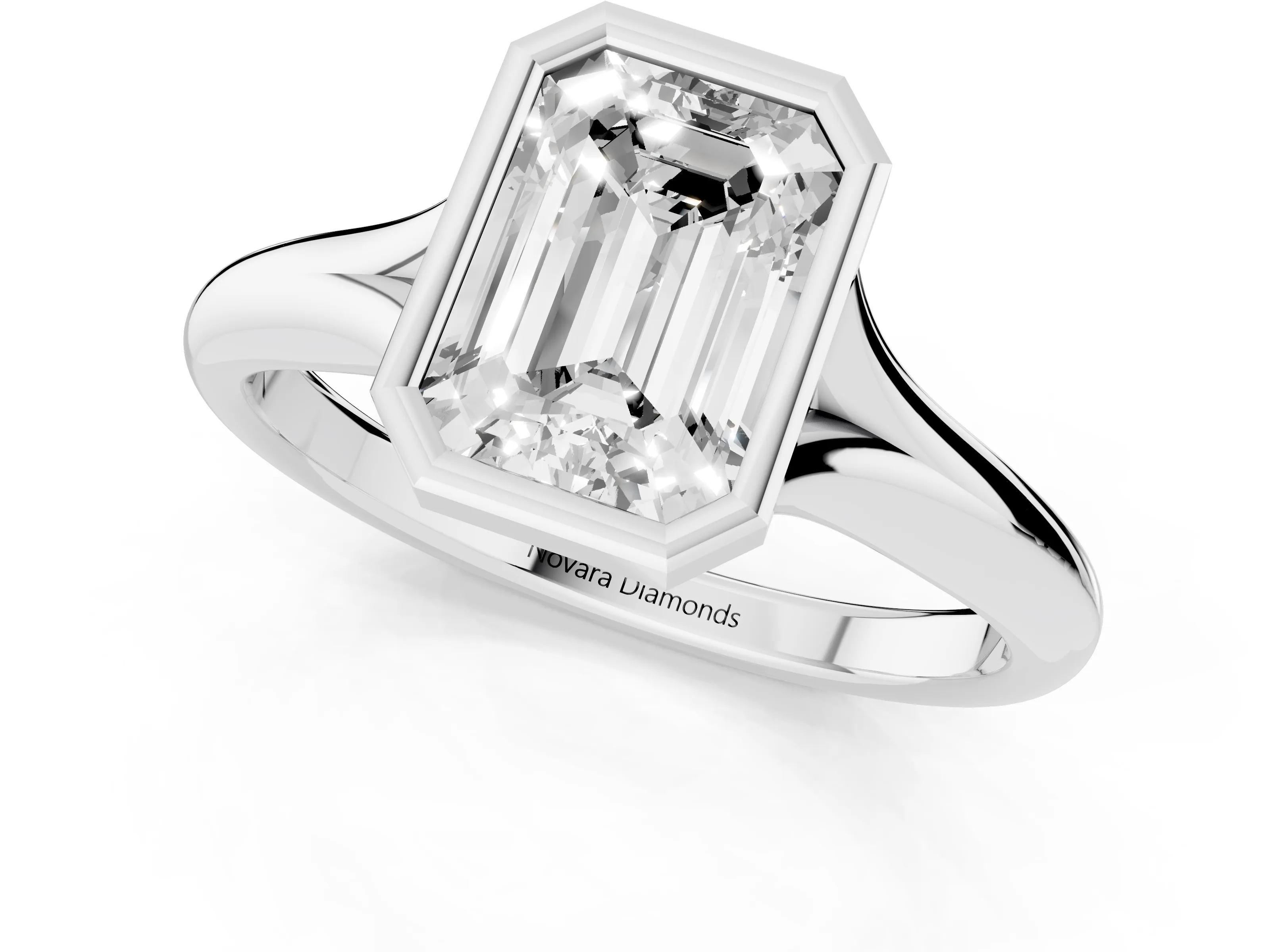 Bezel Set Emerald Cut Diamond Solitaire Ring Set in White gold with Smooth Band