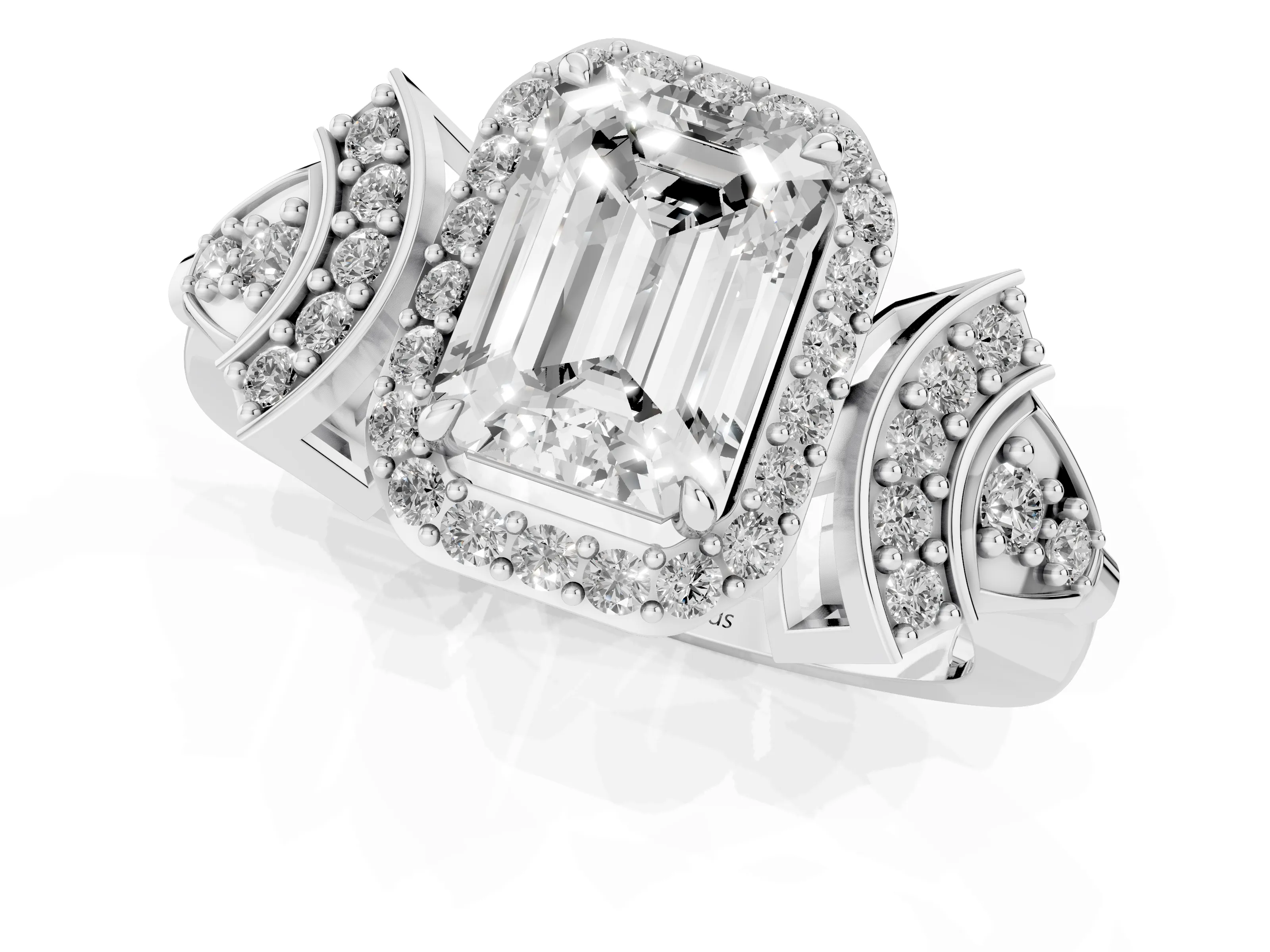 Emerald Cut Diamond Halo Engagement Ring Set in Silver with Accent Stone Split Shank