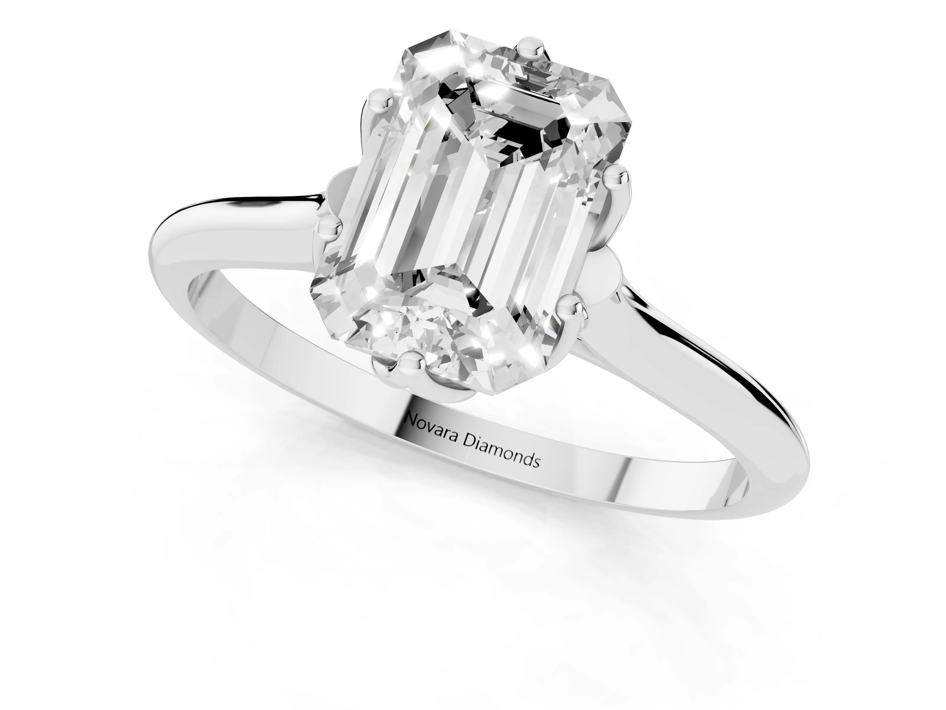 Emerald Cut Diamond Solitaire Cathedral Ring Set in Silver with Prong Setting